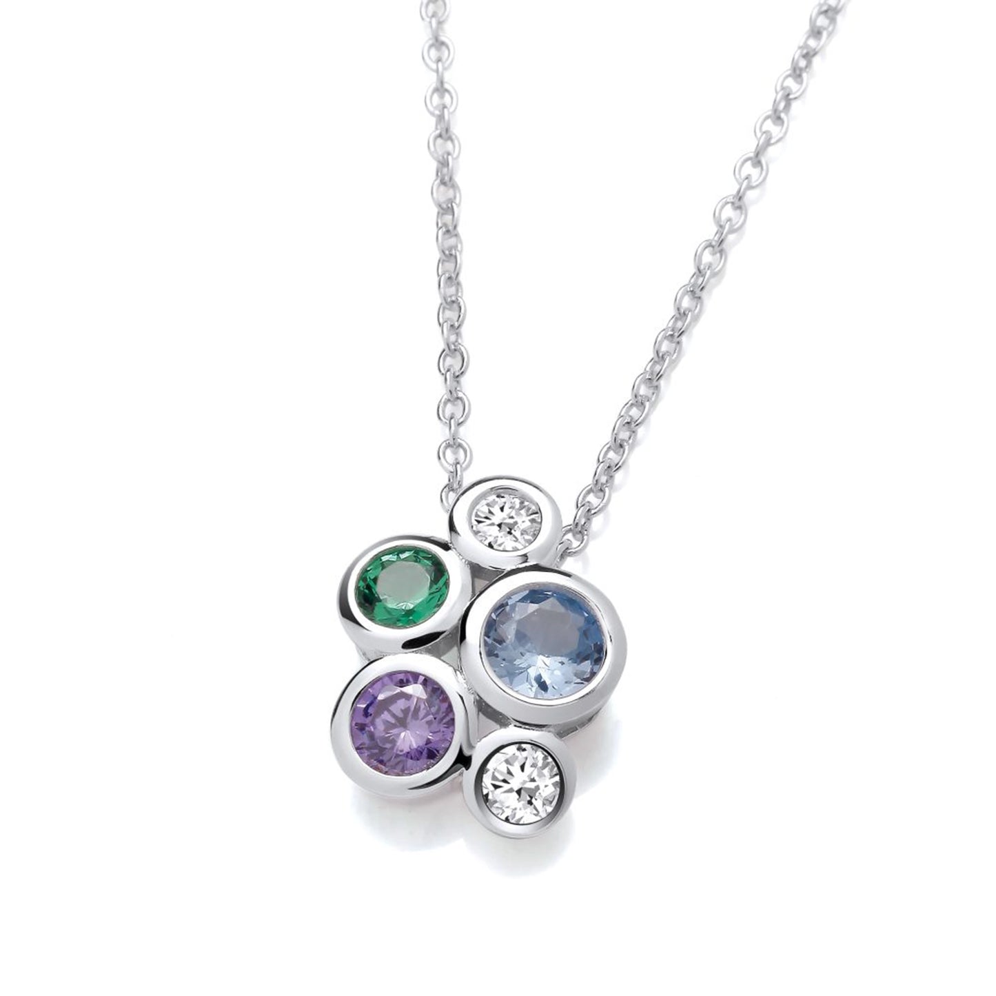 Silver pendant with a cluster of multicoloured round CZ stones on a silver chain