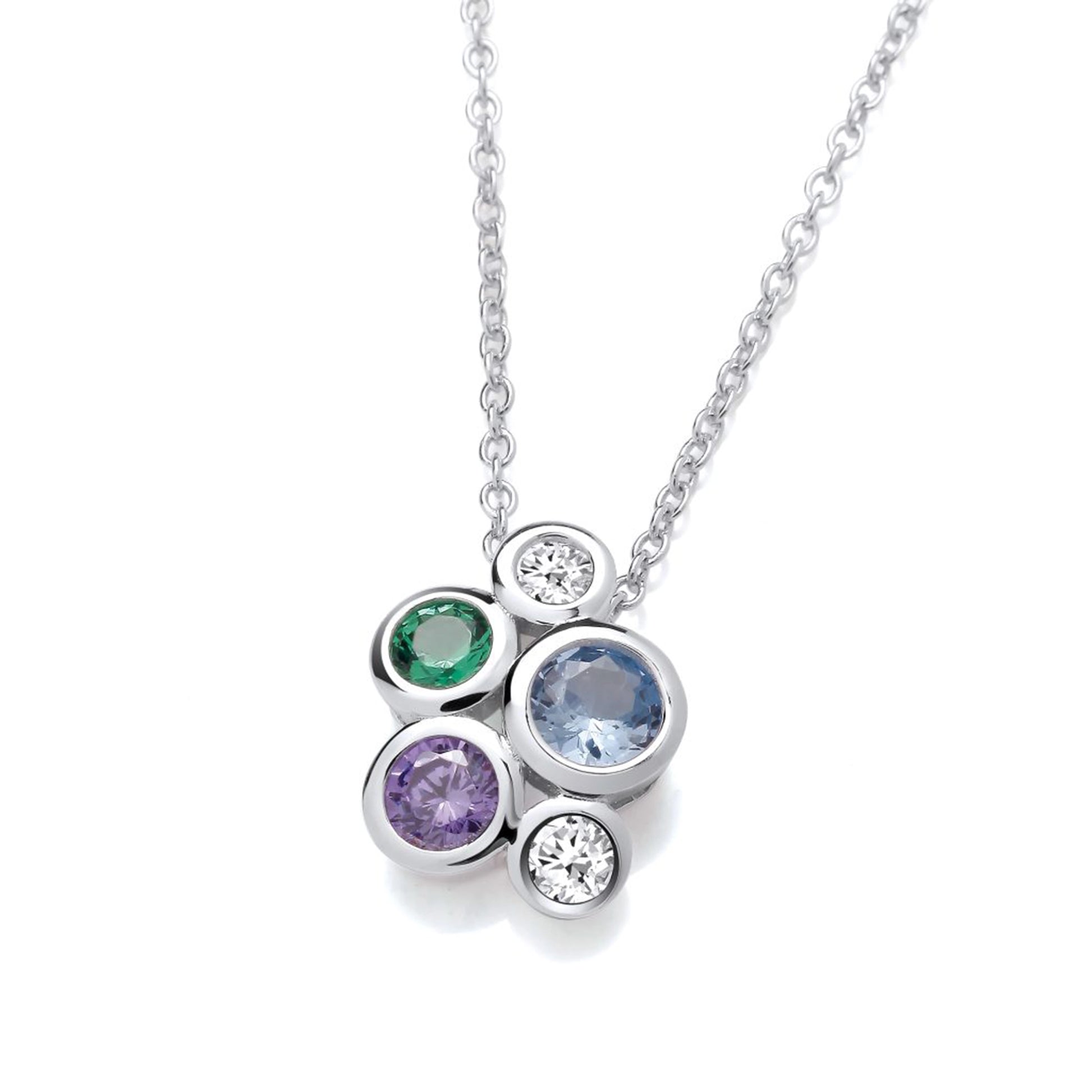 Silver pendant with a cluster of multicoloured round CZ stones on a silver chain
