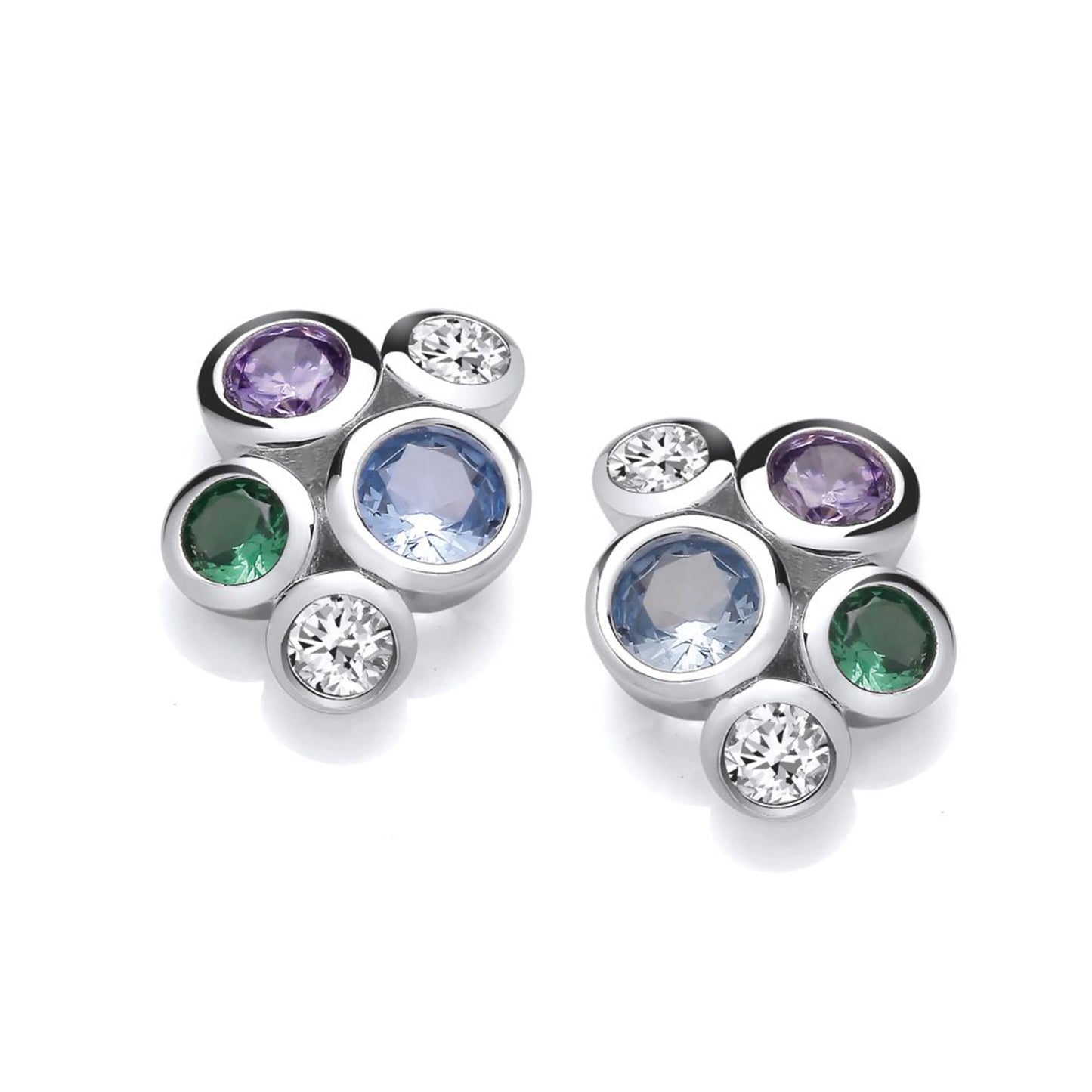 Silver stud earrings with cluster of multicolour round CZ stones 