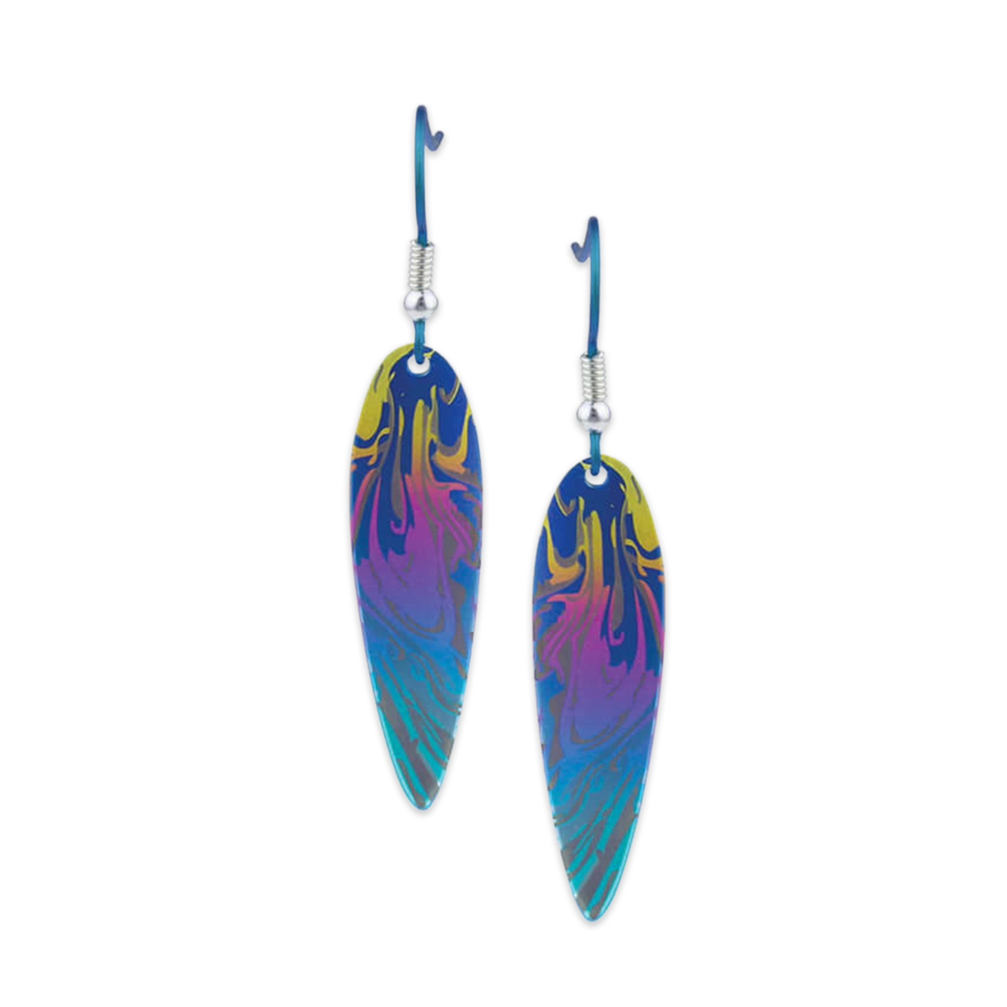 A pair of curved drop earrings in blue with rainbow abstract shape design