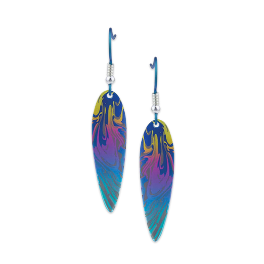 A pair of curved drop earrings in blue with rainbow abstract shape design