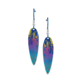 A pair of curved drop earrings in blue with rainbow abstract shape design