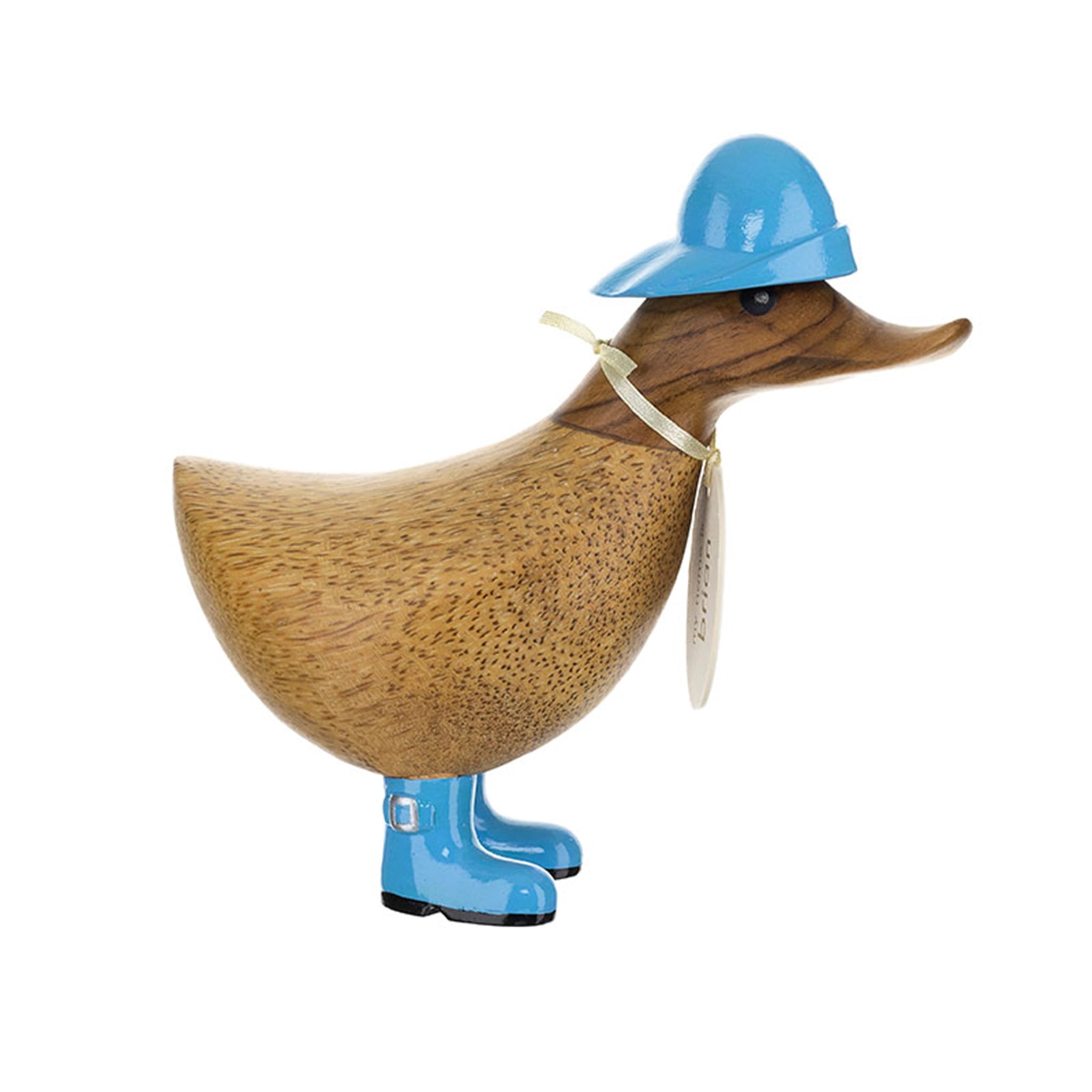 A wooden carved duckling with a painted blue rain hat and matching wellies