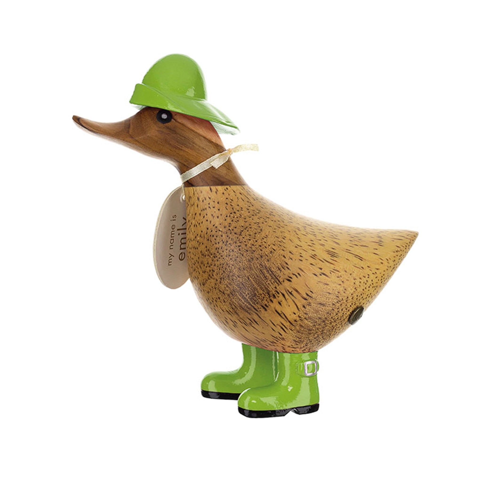 A wooden carved duckling with green painted rain hat and matching wellies