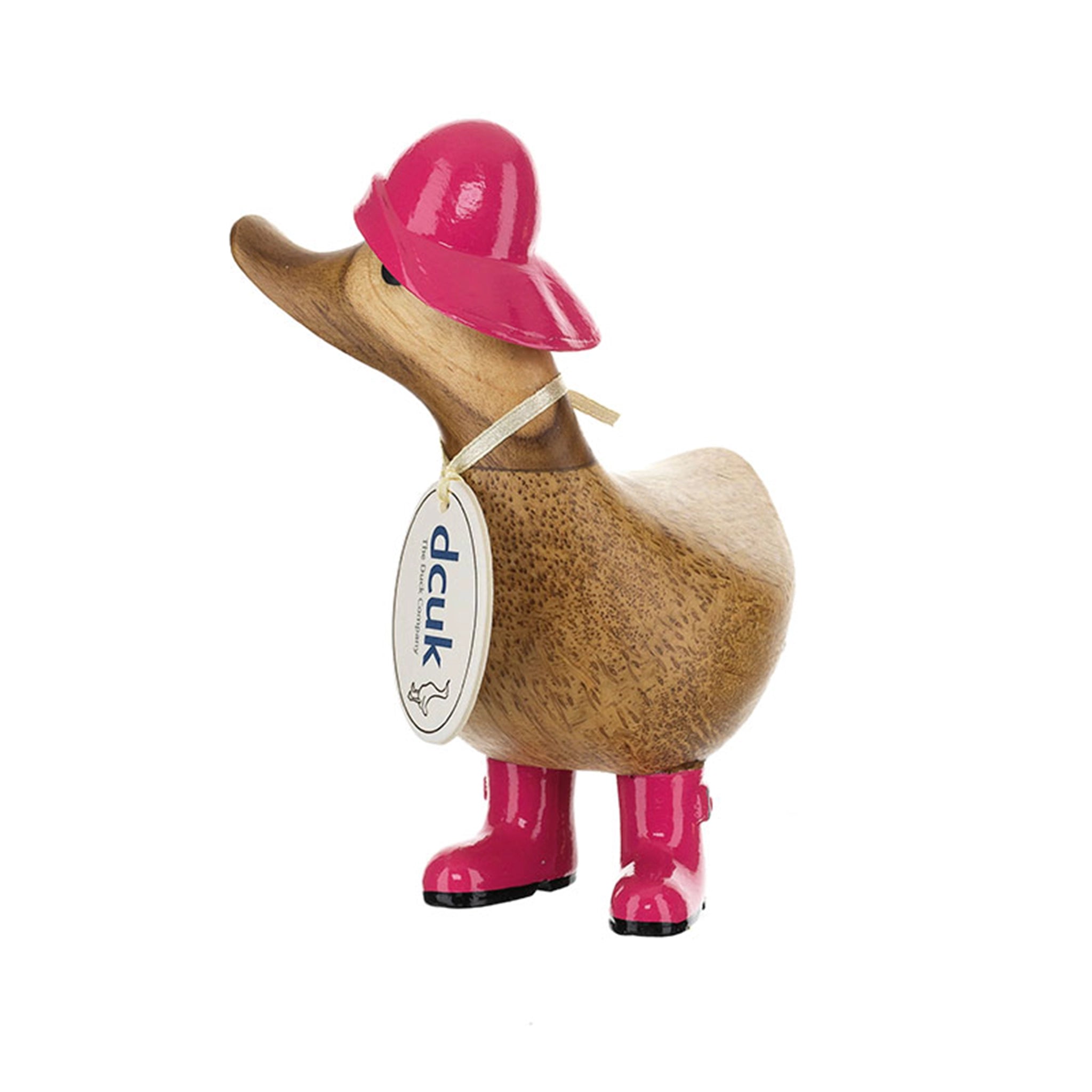 A wooden carved duckling with a painted pink rain hat and matching wellies