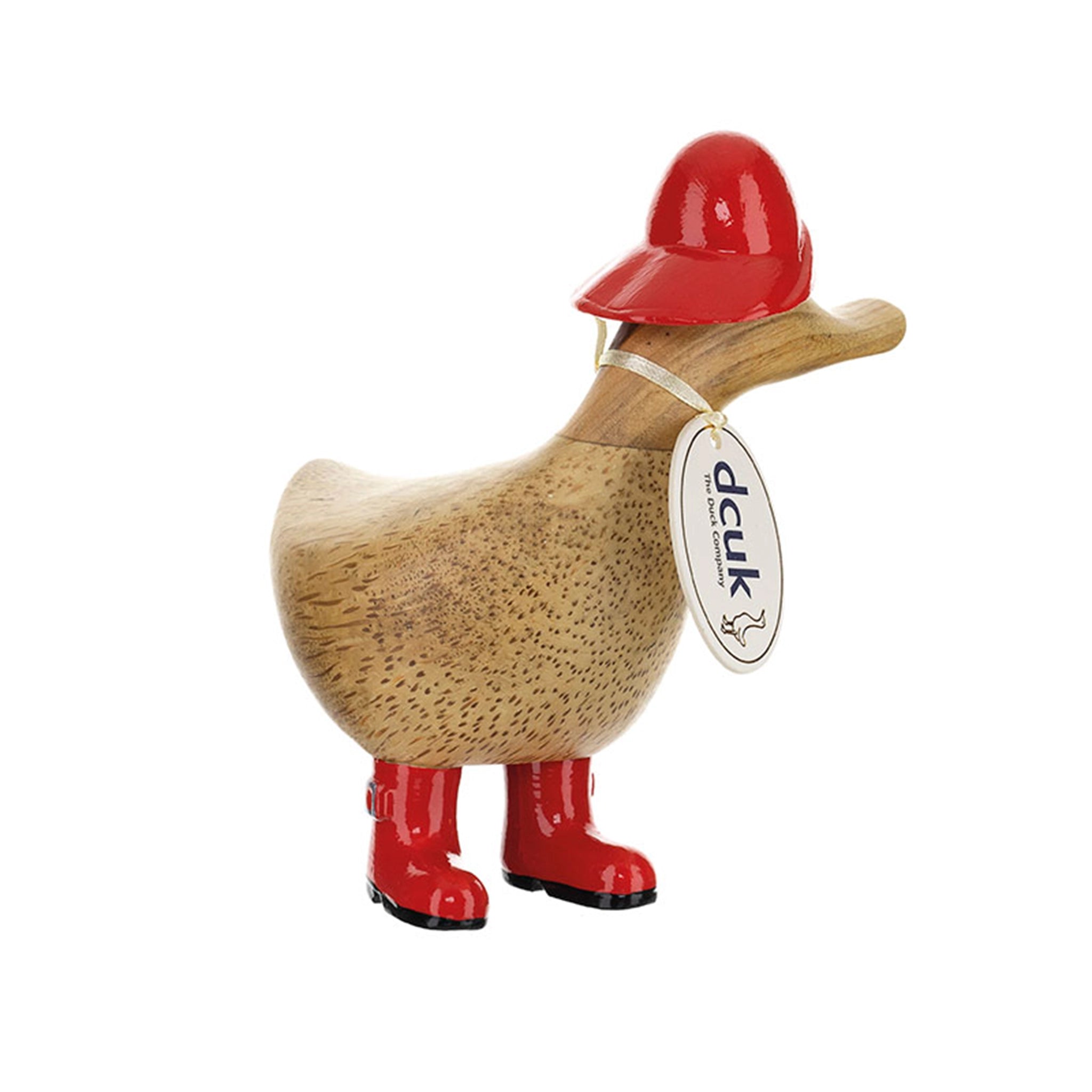 A wooden carved duckling with red painted rain hat and matching wellies