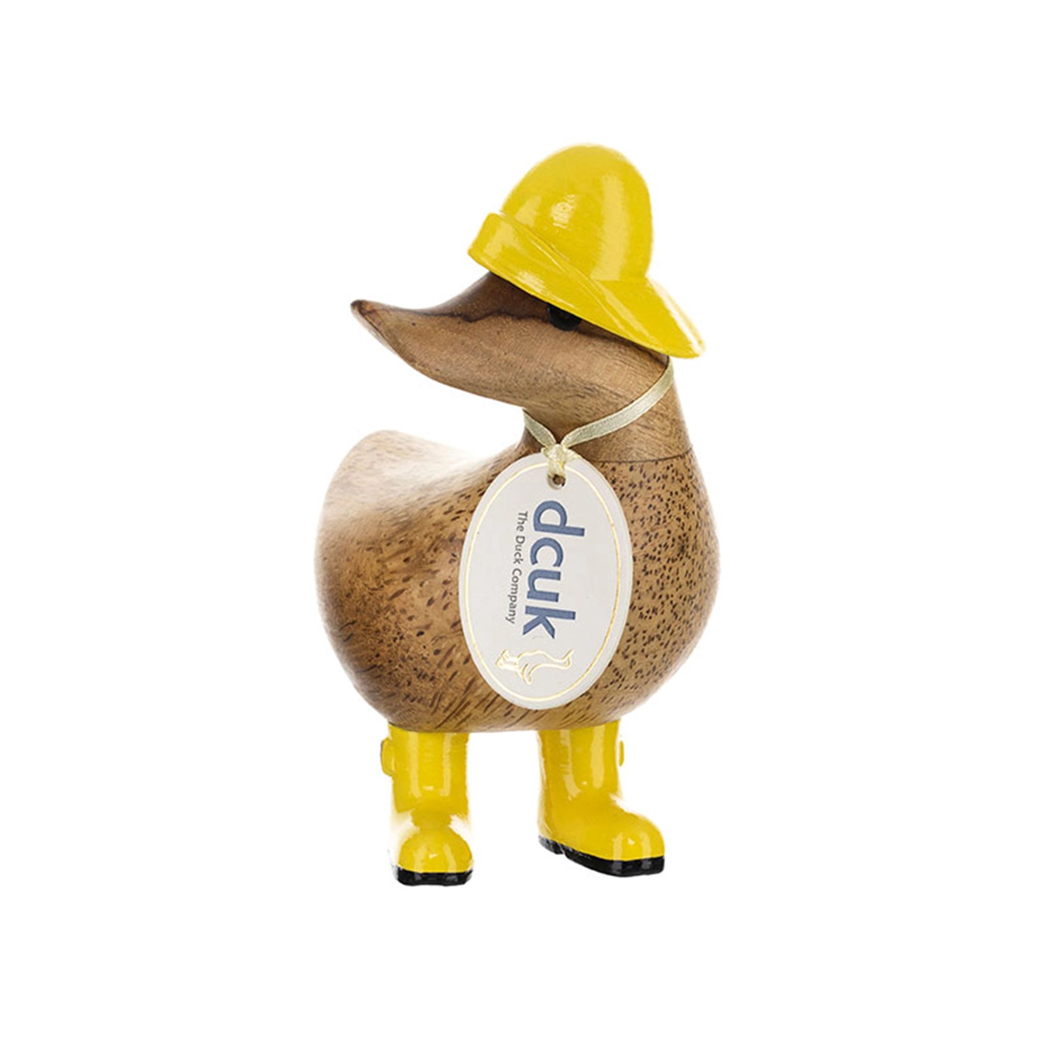 A wooden carved duckling with yellow painted rain hat and matching wellies