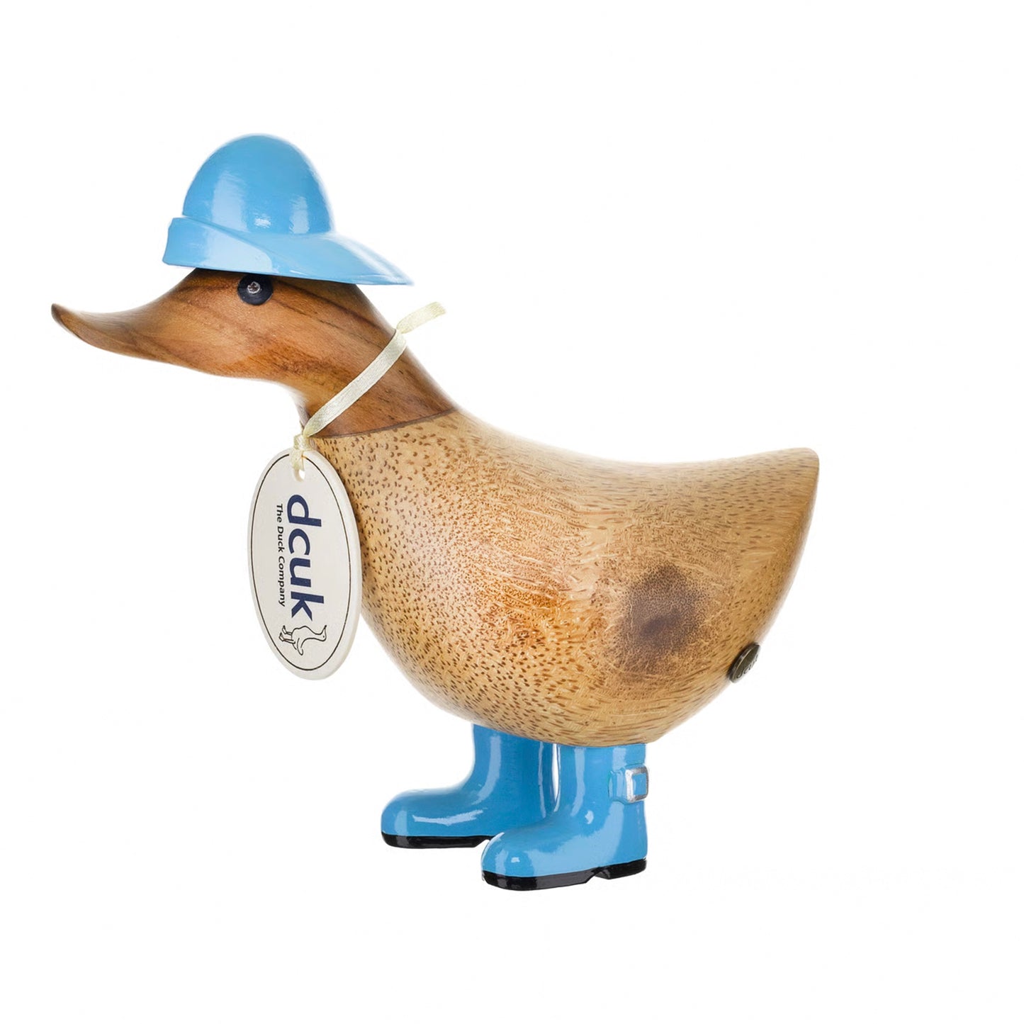 Wooden duck collectible figure in blue rain hat and boots