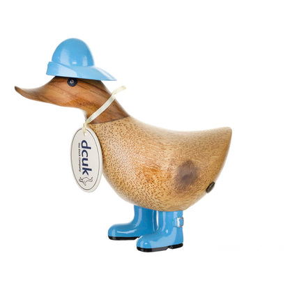 Wooden duck collectible figure in blue rain hat and boots