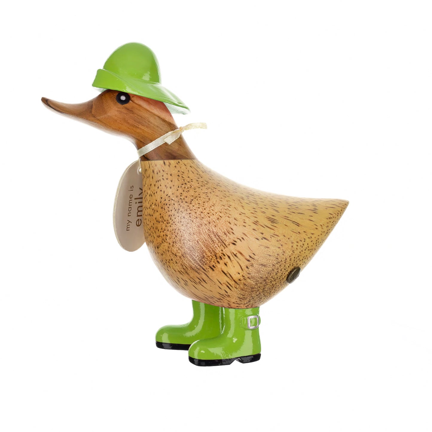 Wooden duck collectible figure in green rain hat and boots