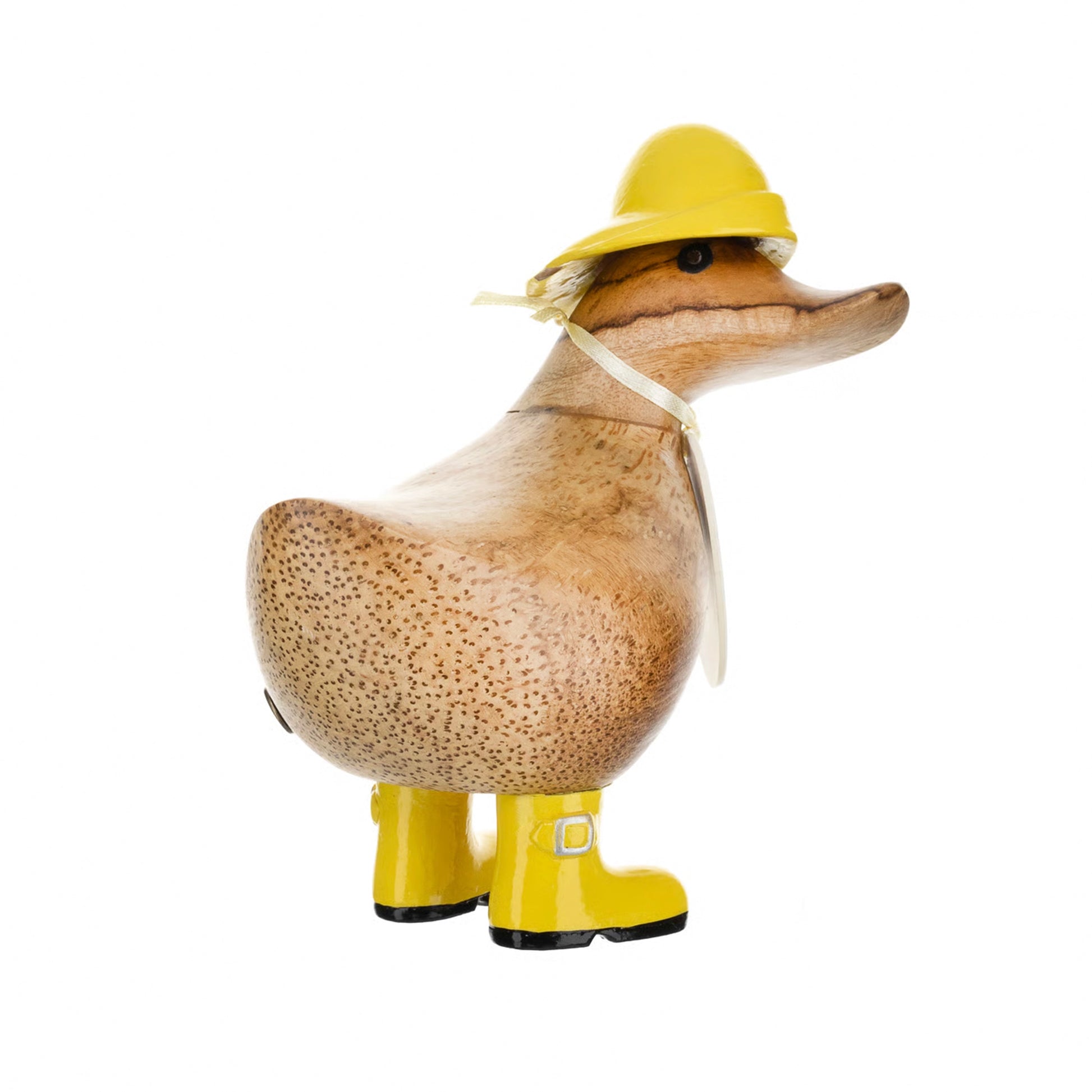Wooden duck collectible figure in yellow rain hat and boots