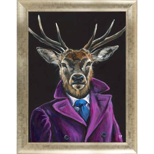 A framed rectangular print featuring a painting of a Stag in a suit