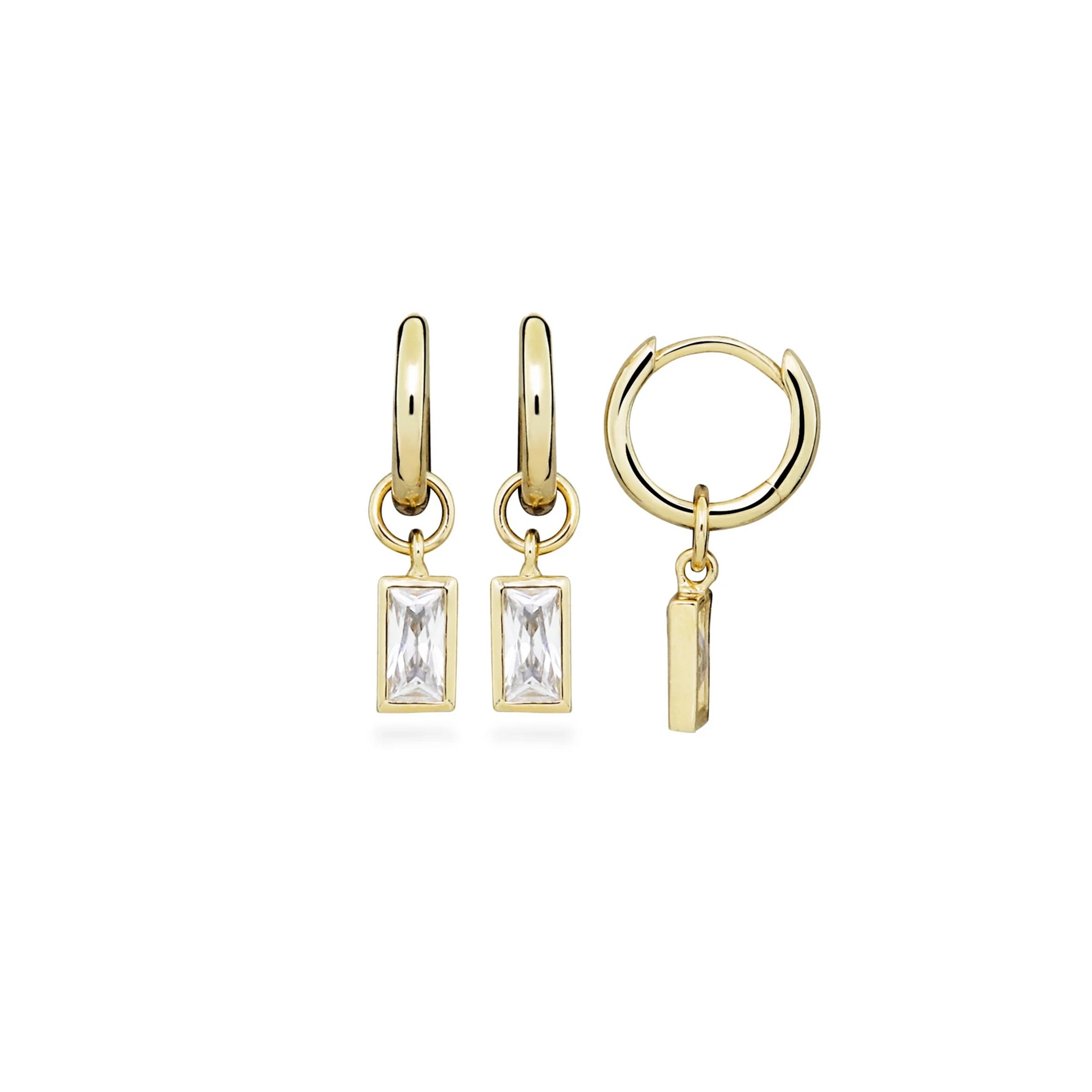 Gold huggie hoop earrings with dangling rectangle CZ stones