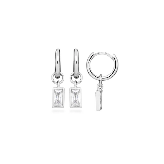 Silver huggie hoop earrings with dangling rectangle CZ stones