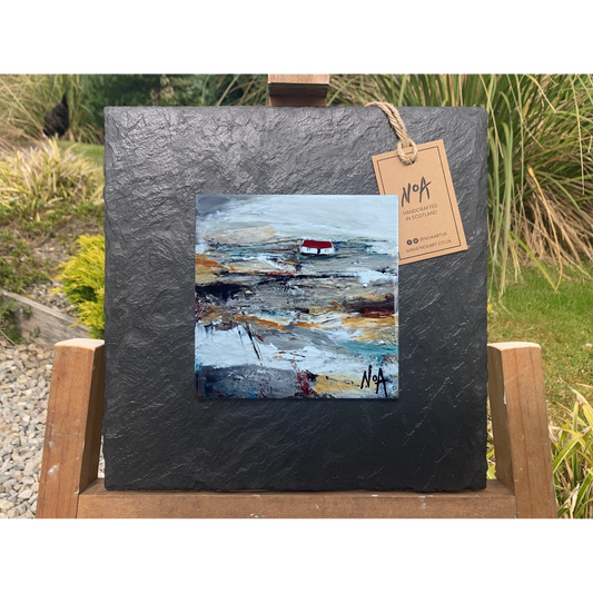 A tile mounted on slate featuring a textured painting of a bothie in the Highlands