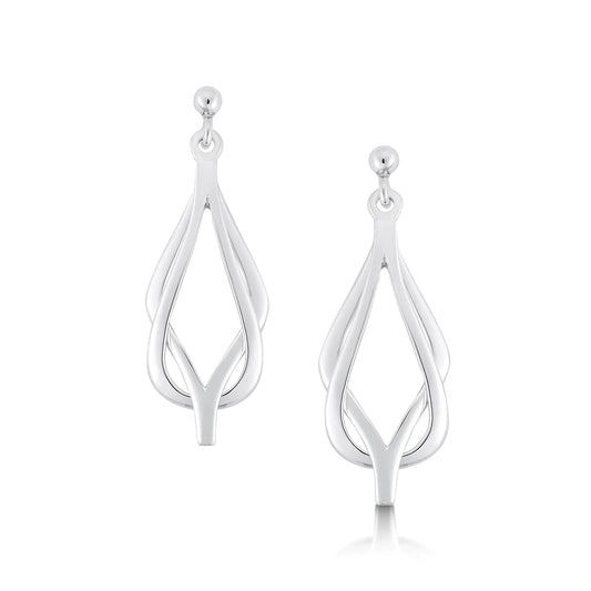 Polished silver drop earrings in a simple reef knot design with stud post fittings