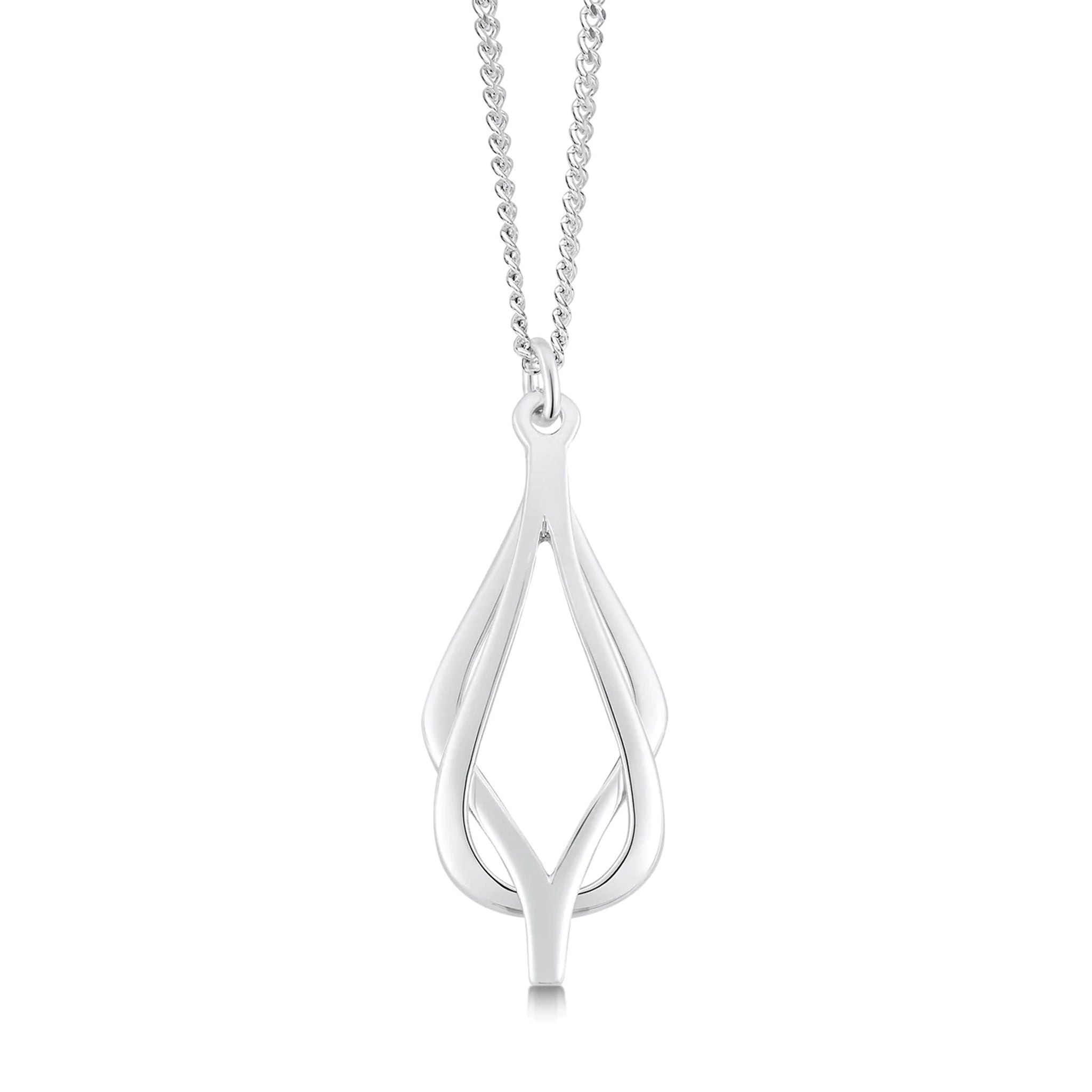 Polished silver pendant in simple reef knot design on a silver chain