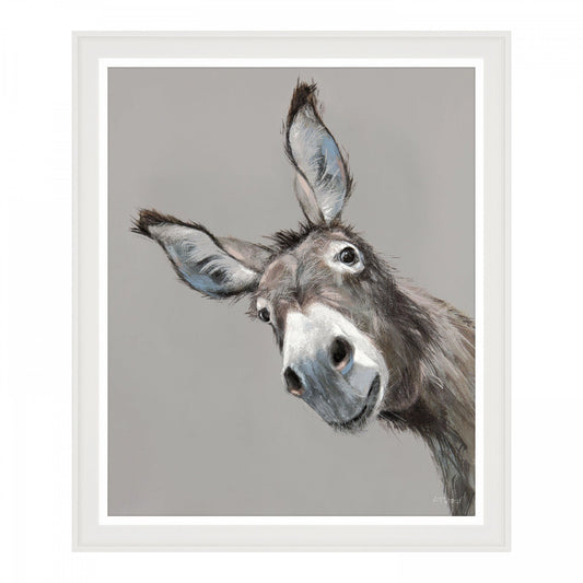 A framed print of a cheeky donkey painting