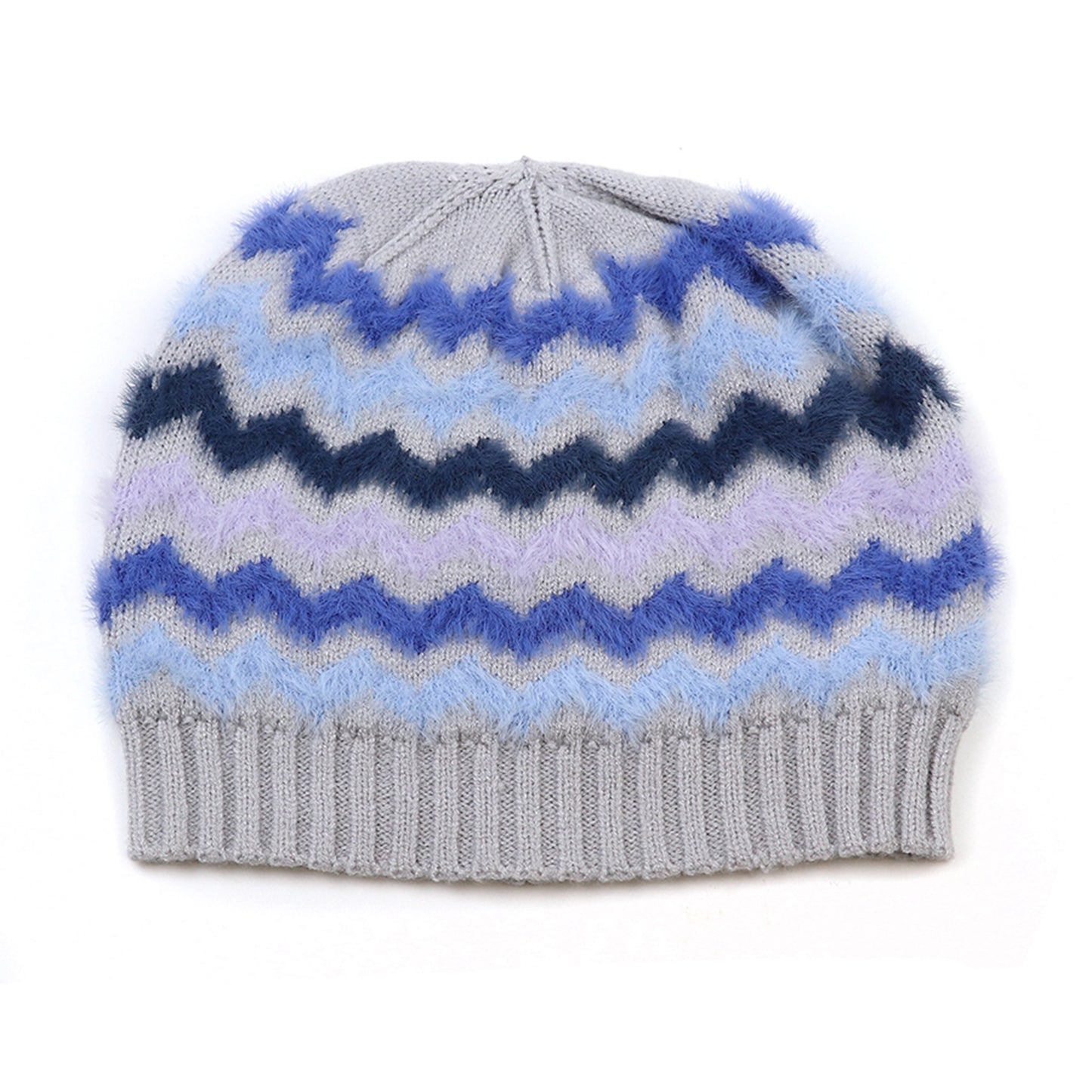 Grey knitted beanie hat with brush chevron stripes in different shades of blue