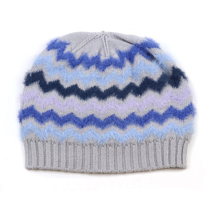 Grey knitted beanie hat with brush chevron stripes in different shades of blue