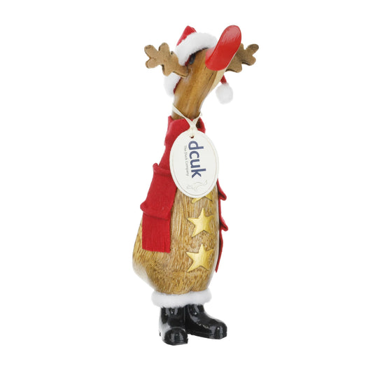 Christmas Rudolph wooden duckling with star buttons and red nose