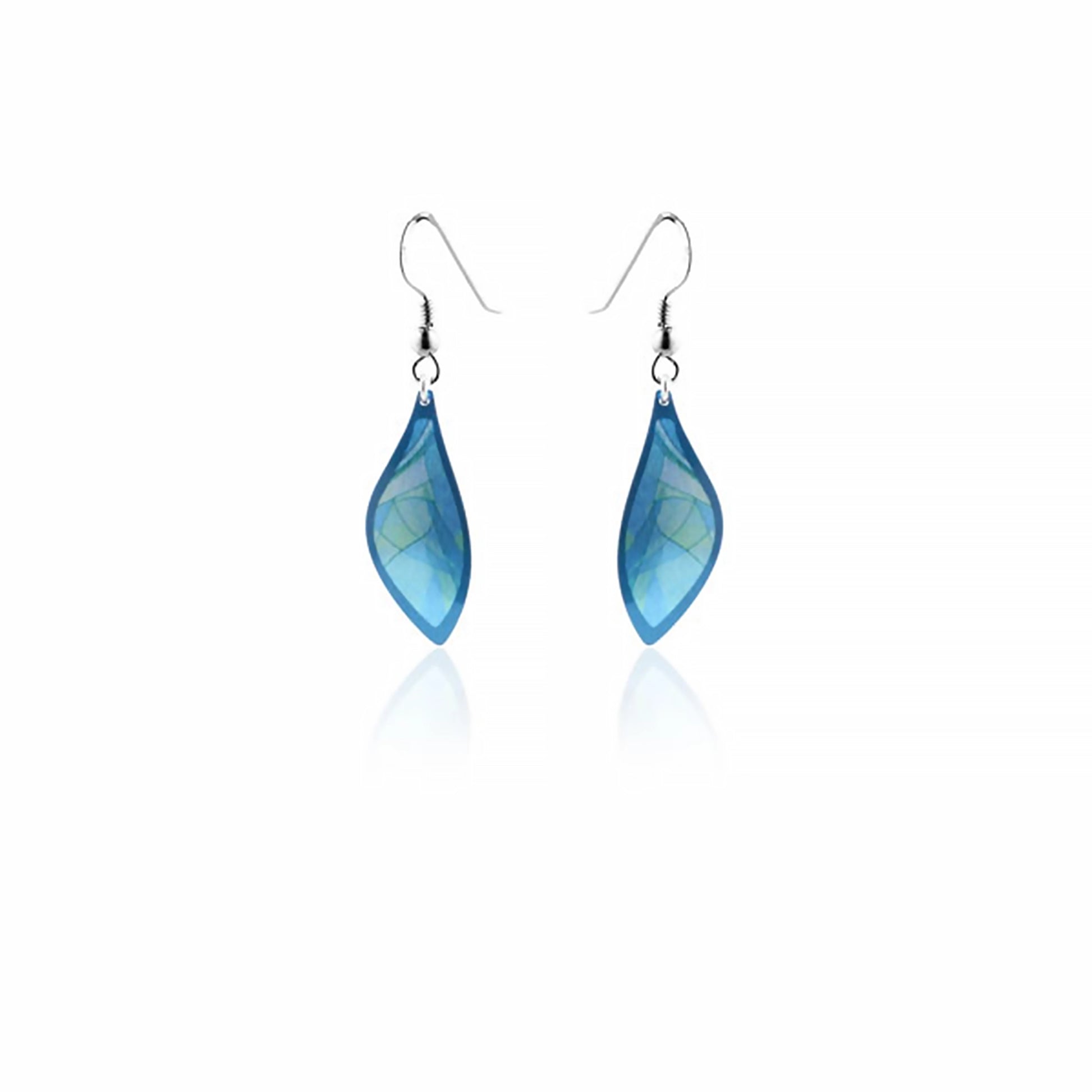 Turquoise aluminium drop earrings with a modern abstract pattern, on silver hook fittings