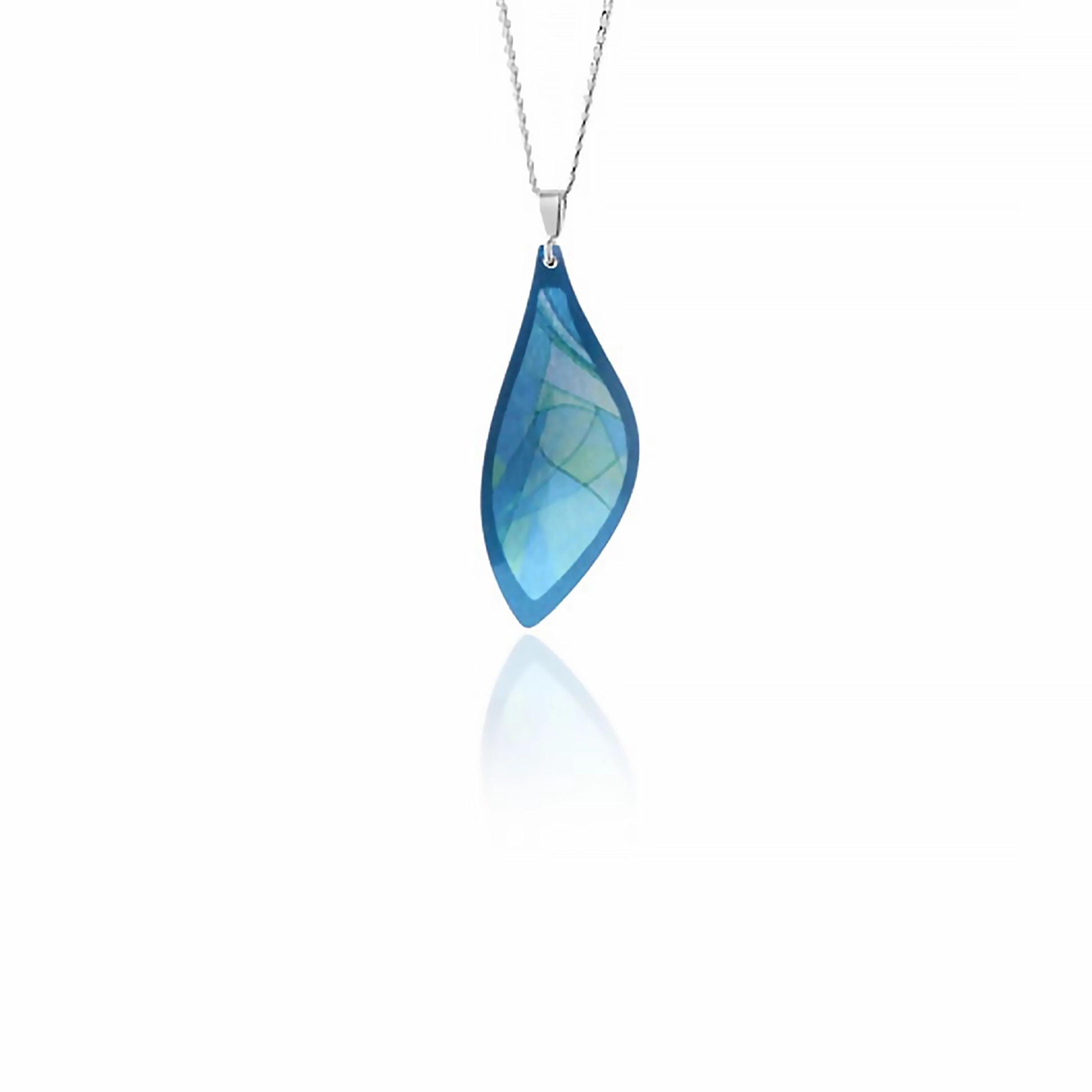 Turquoise aluminium pendant with a modern abstract pattern, on a silver chain