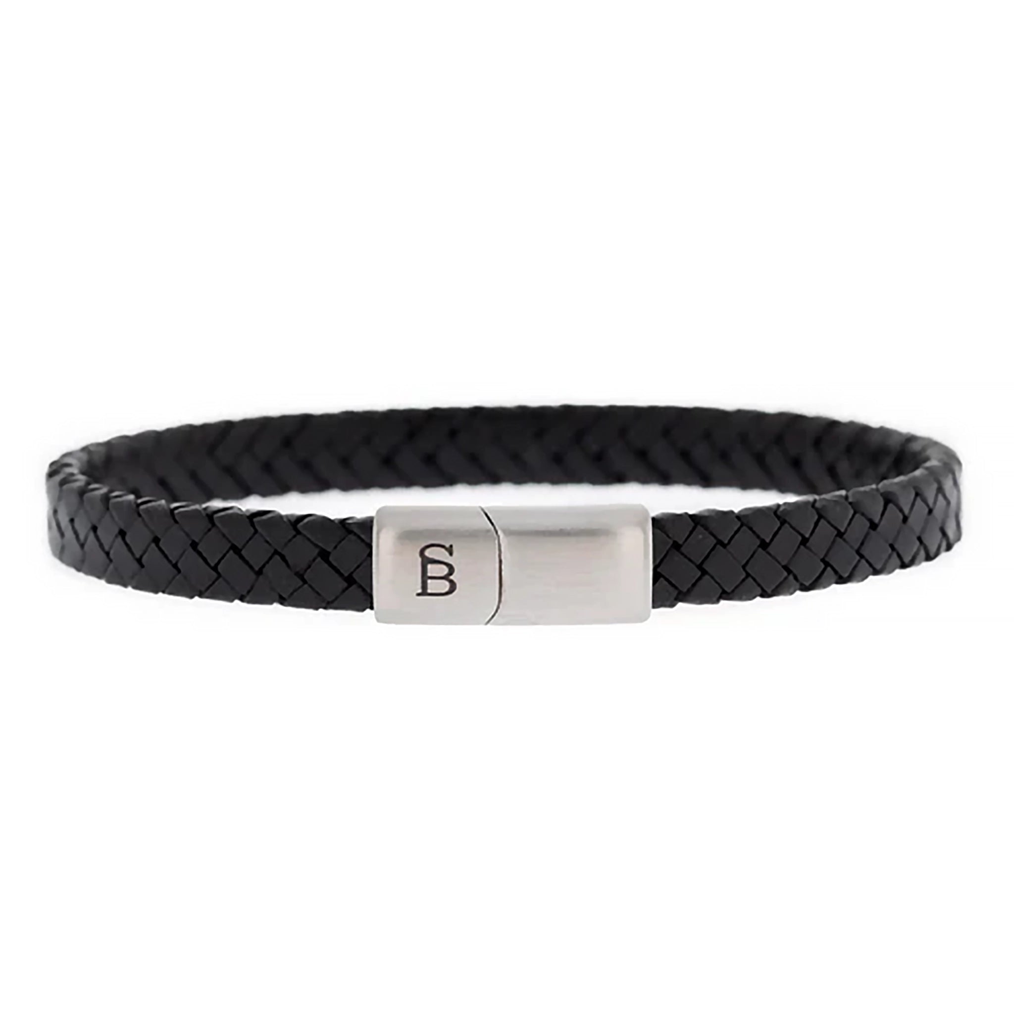 Braided band black leather bracelet with monogramed stainless steel clasp