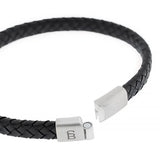 Braided band black leather bracelet with monogramed stainless steel clasp