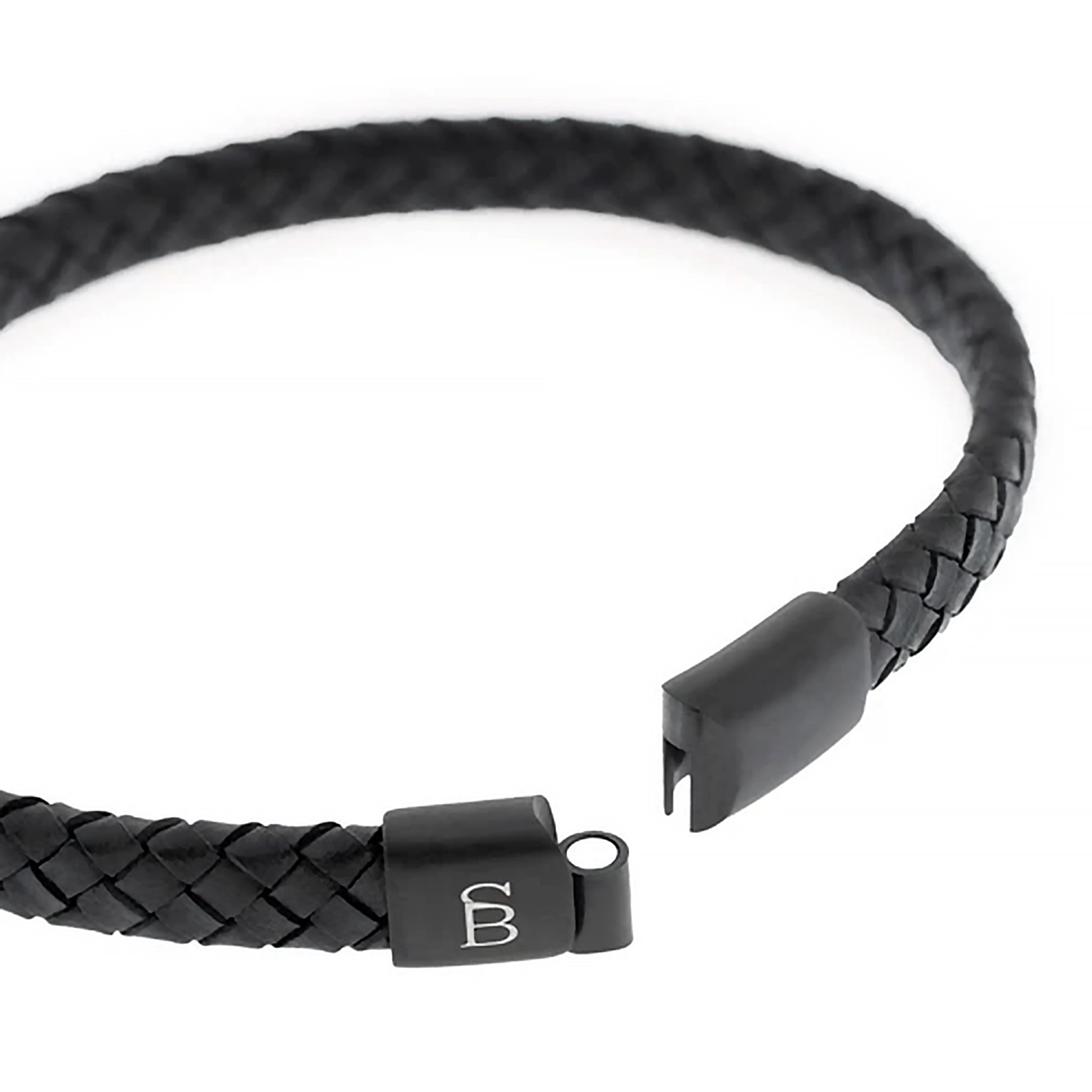 Braided band black leather bracelet with monogramed black stainless steel clasp