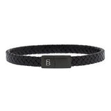 Braided band black leather bracelet with monogramed black stainless steel clasp