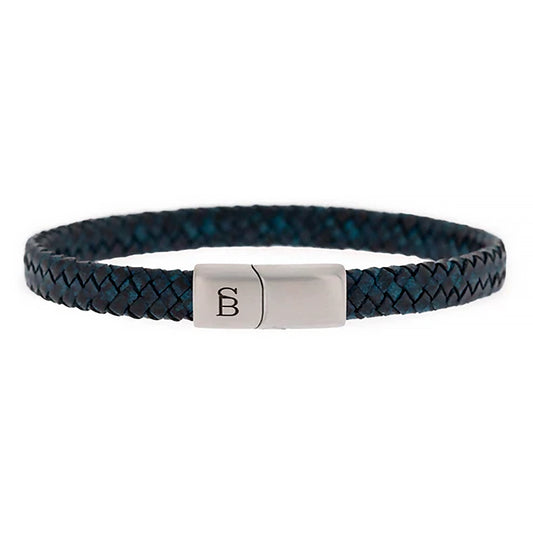 Braided band blue leather bracelet with monogramed stainless steel clasp