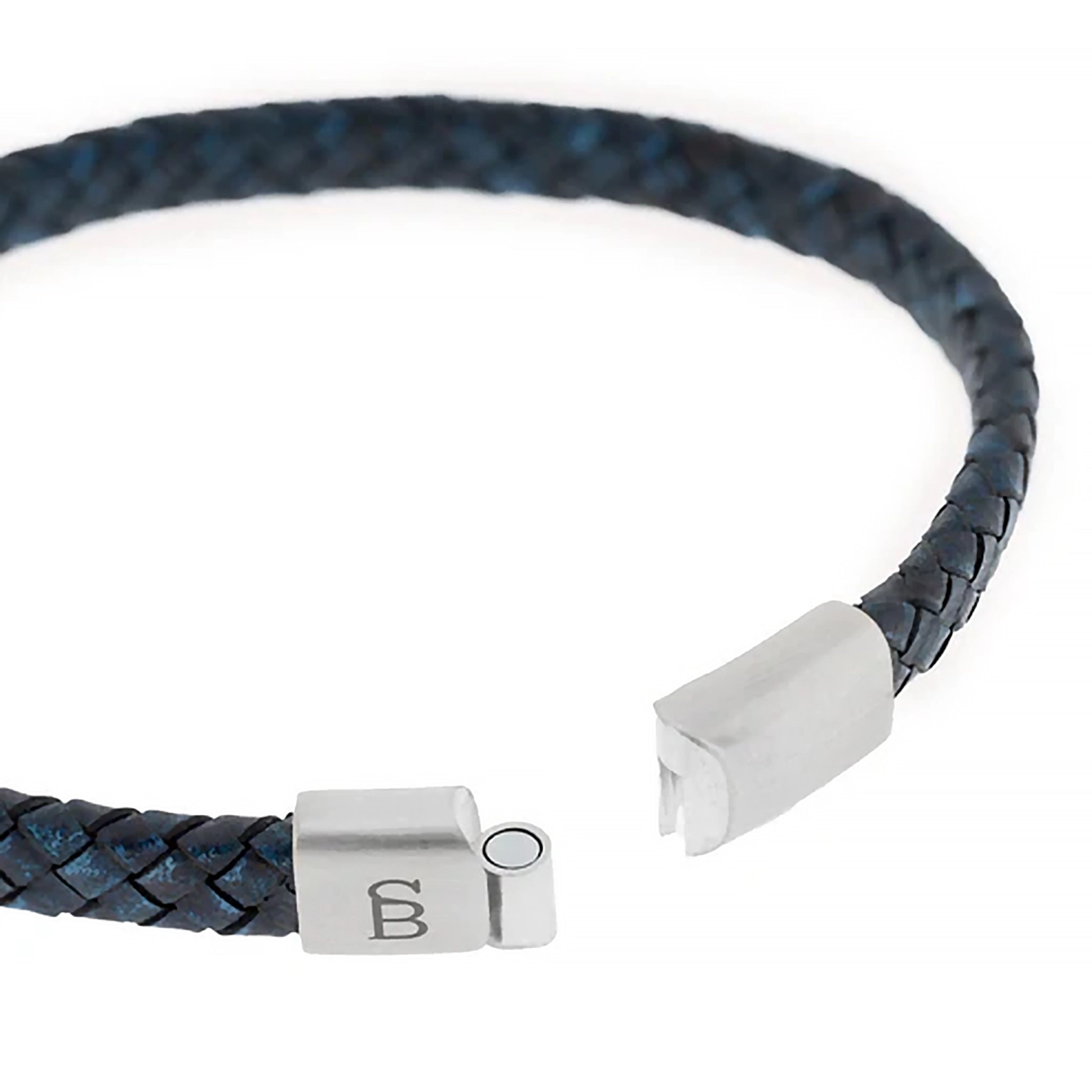 Braided band blue leather bracelet with monogramed stainless steel clasp