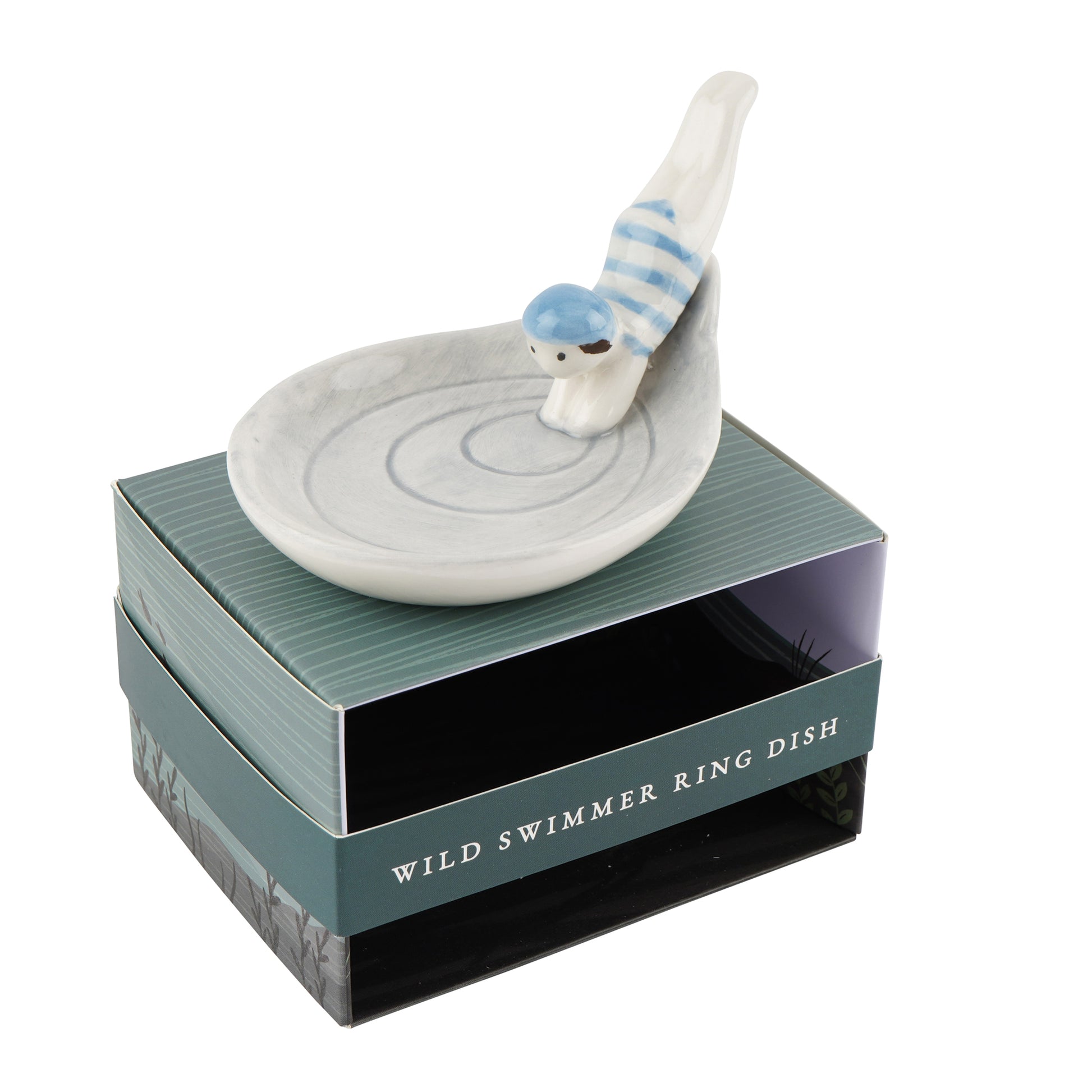 Ring dish shaped like a diver in a striped swimsuit with gift box