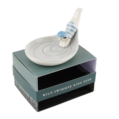 Ring dish shaped like a diver in a striped swimsuit with gift box