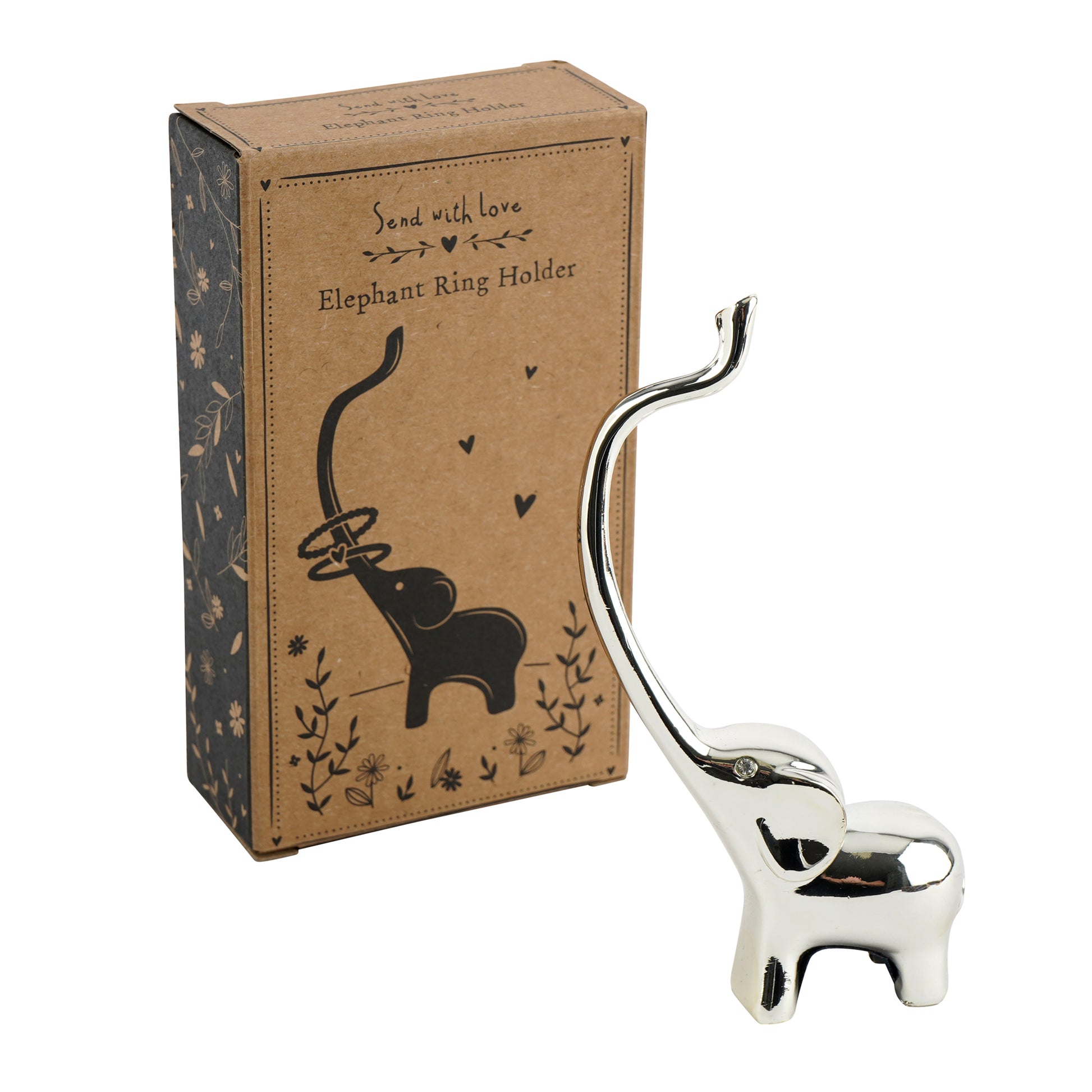 Silver elephant ring holder with jewel eyes and gift box