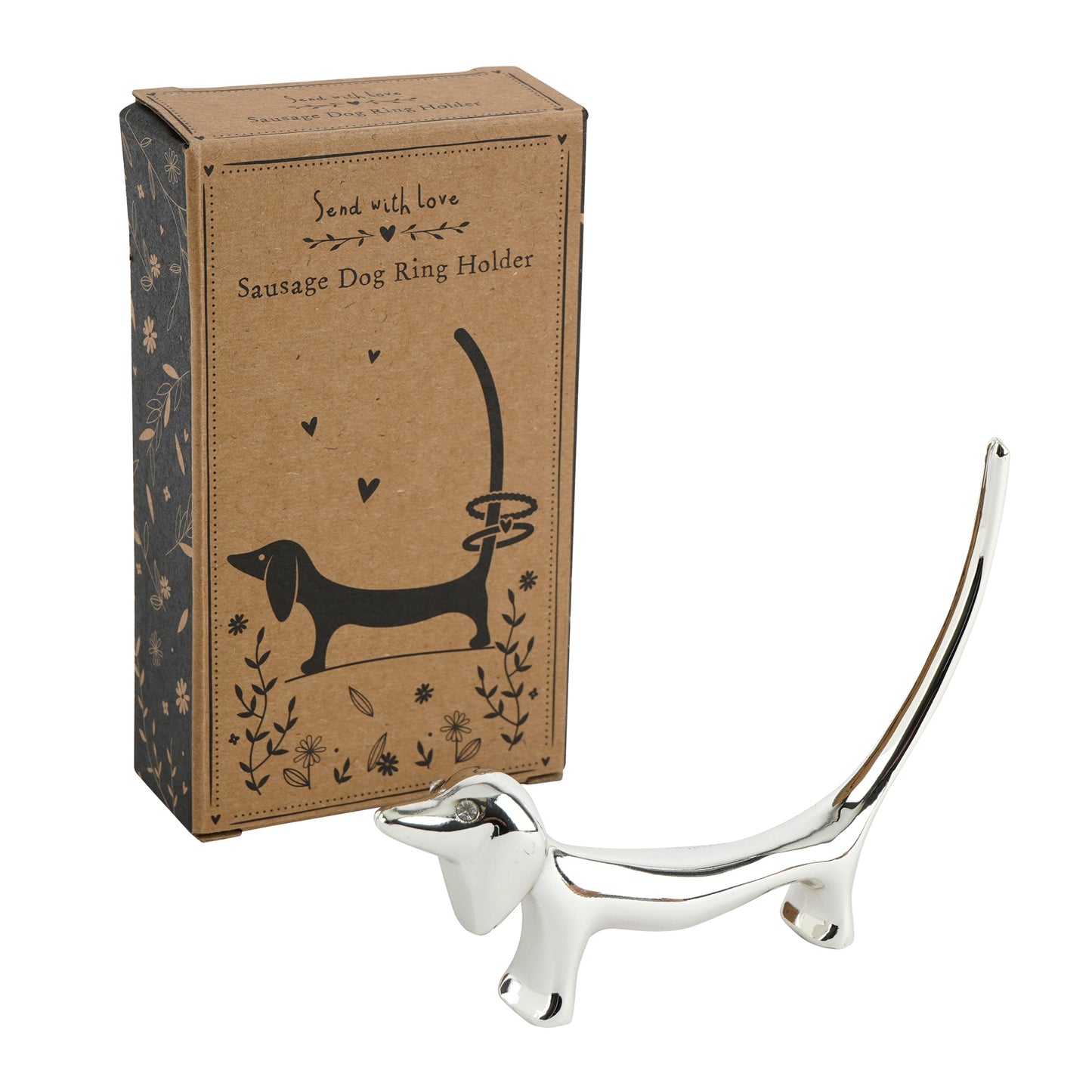 Silver finish sausage dog ring holder with jewel eyes and gift box