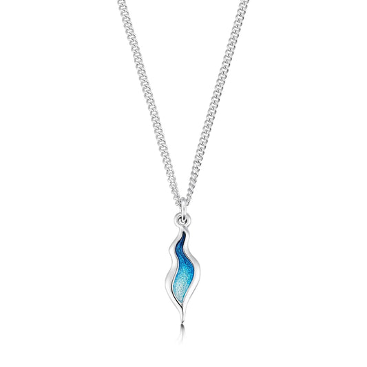 Polished silver pendant with water ripple shape and blue enamel on a silver chain