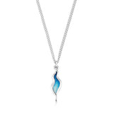 Polished silver pendant with water ripple shape and blue enamel on a silver chain