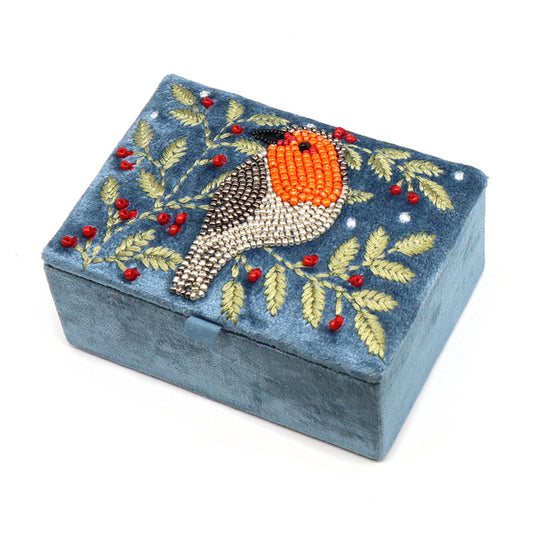 A rectangle dusky blue velvet jewellery box with an embroidered and beaded robin and holly design