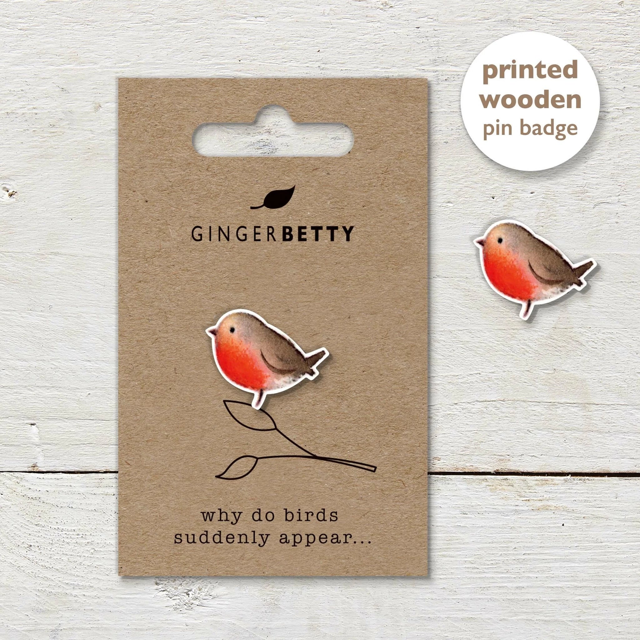 Robin Pin Stan Ginger Betty Wooden Robin Pin Badge | Juniper Aberdeen