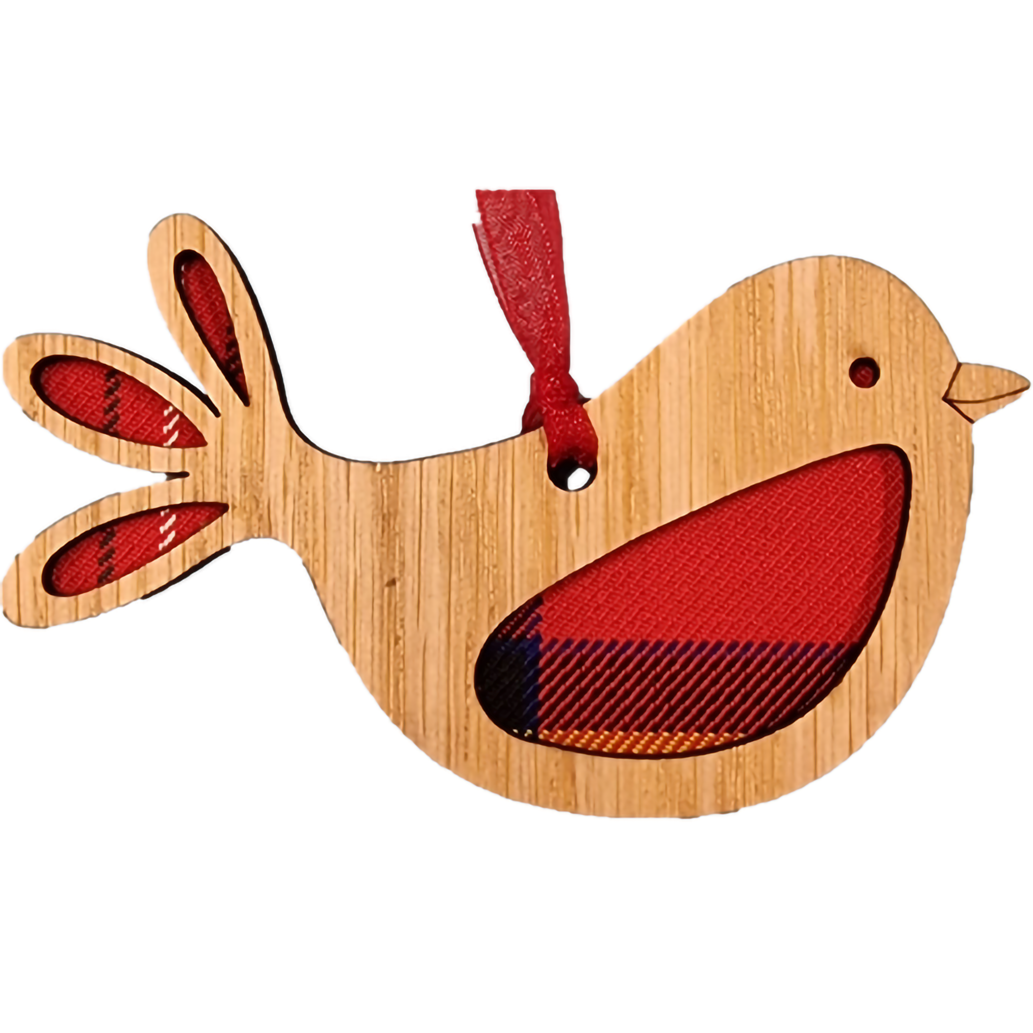 A wooden robin shaped tree decoration with red tartan laser cut details