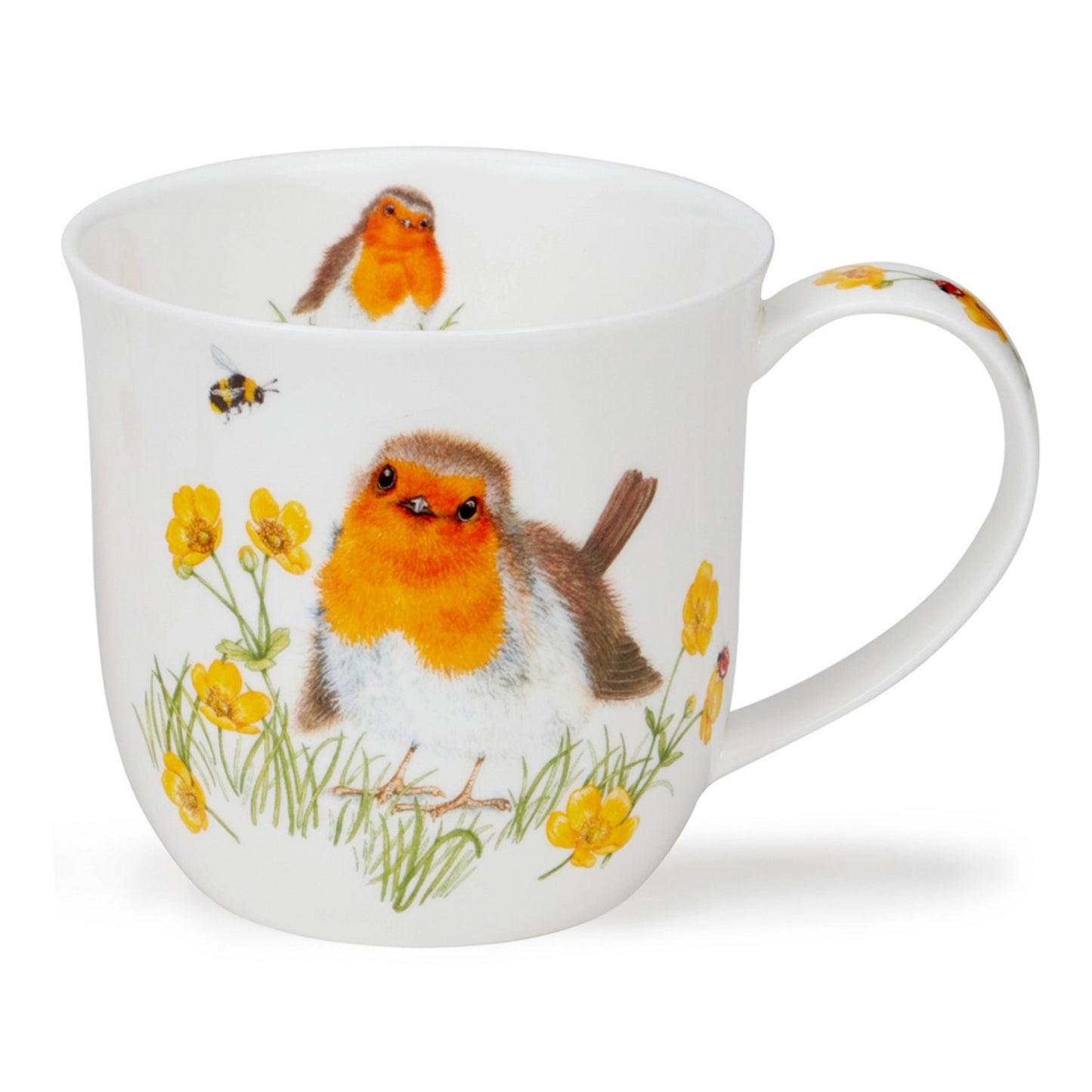 White mug with curved lip and bell shape featuring a design of robins in yellow flowers
