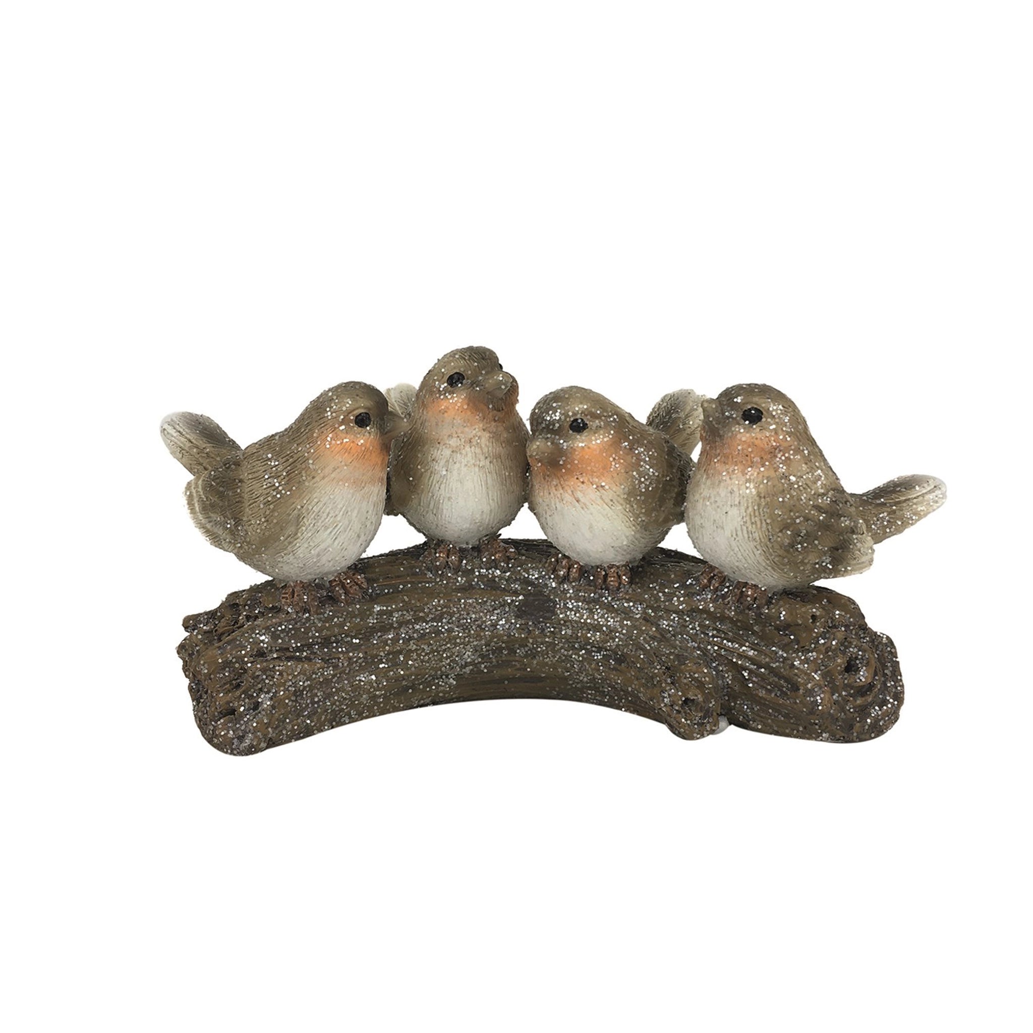 A sculpture featuring four robins perched on a branch with sparkling glitter