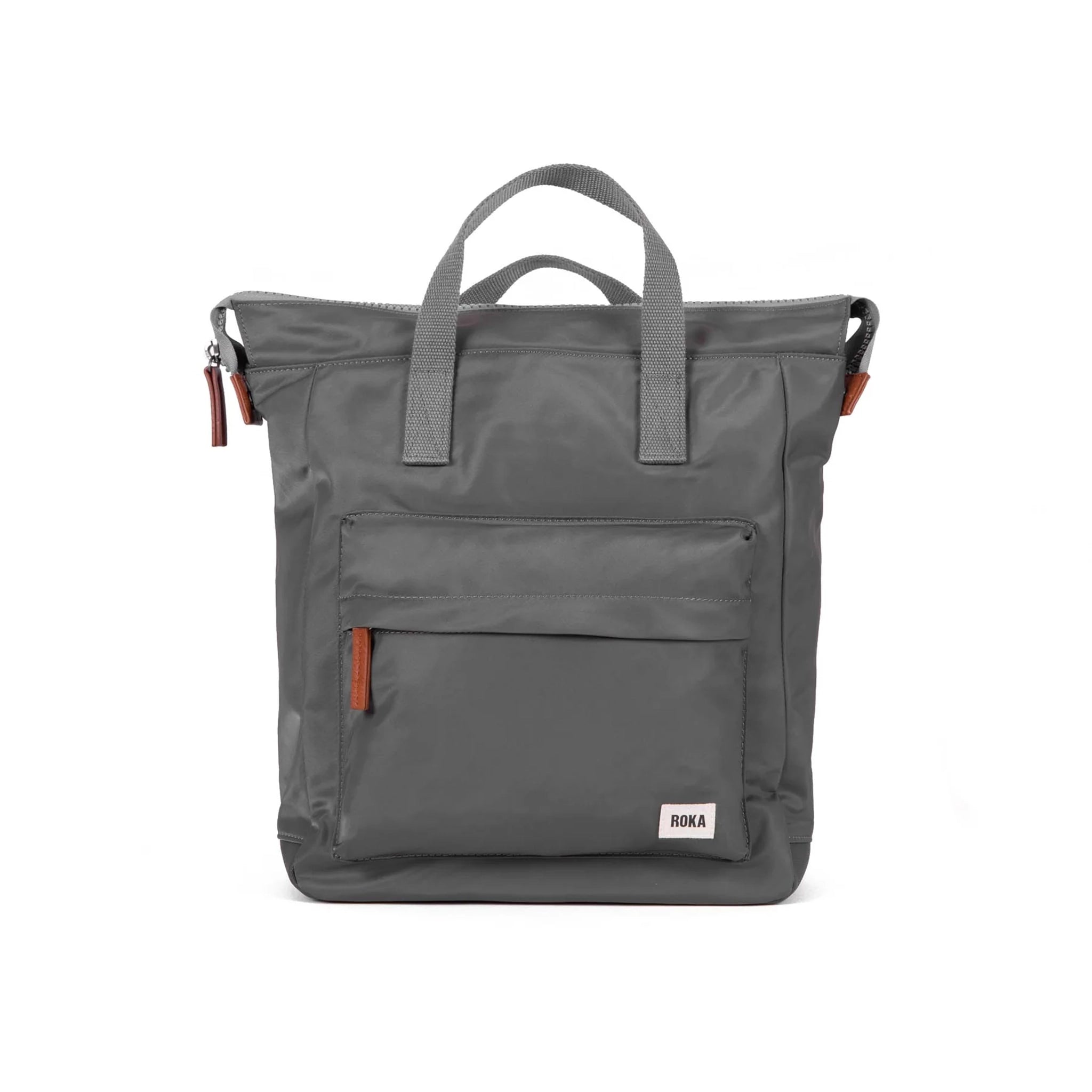 A nylon backpack in a dark grey colour with grey handles and front zip pocket