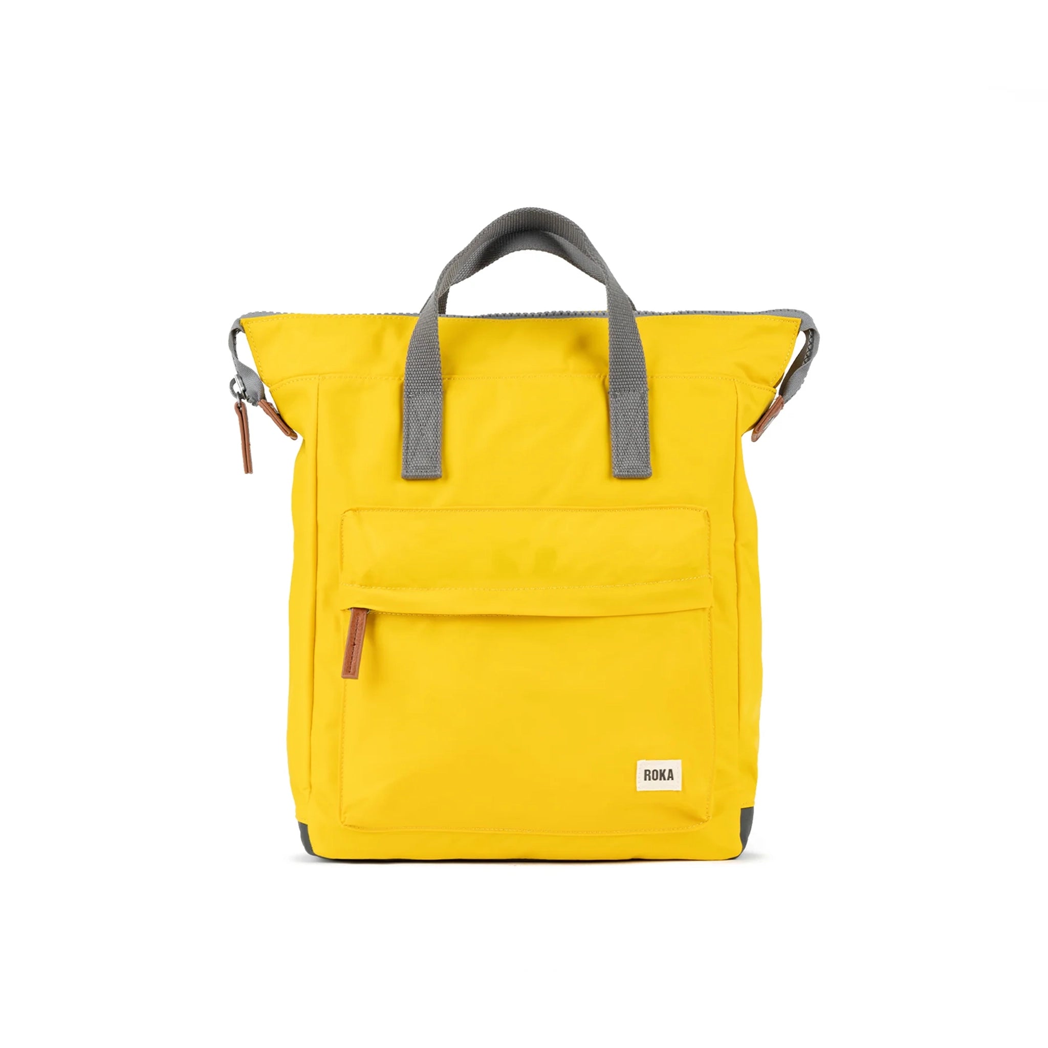 A nylon backpack in a bright yellow colour with grey handles and front zip pocket