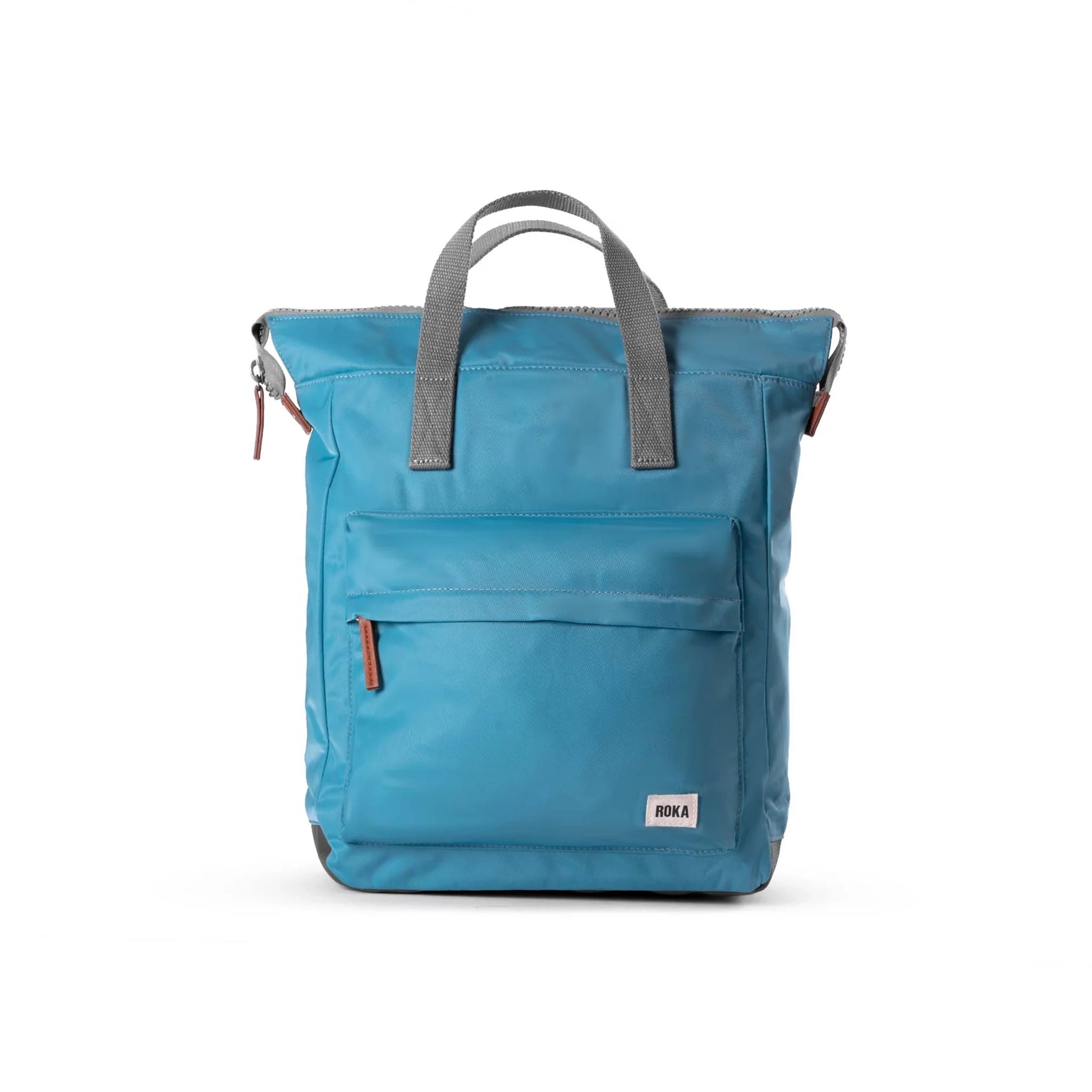 A nylon backpack in a bright blue colour with grey handles and front zip pocket