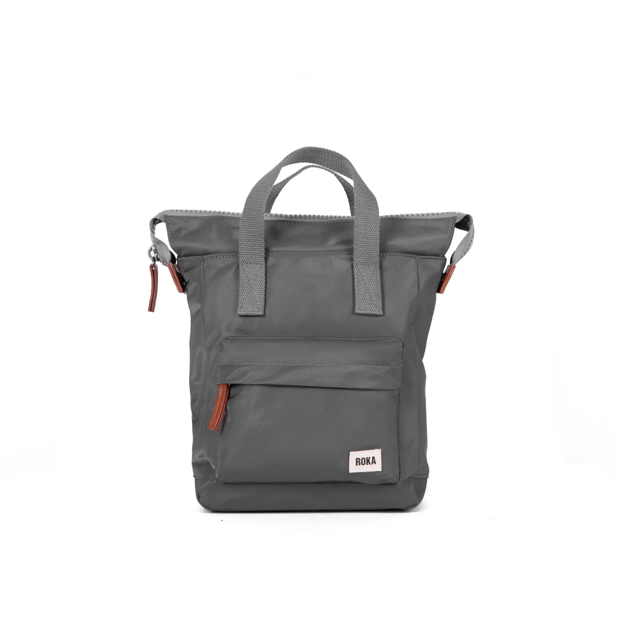 A nylon backpack in a dark grey colour with grey handles and front zip pocket