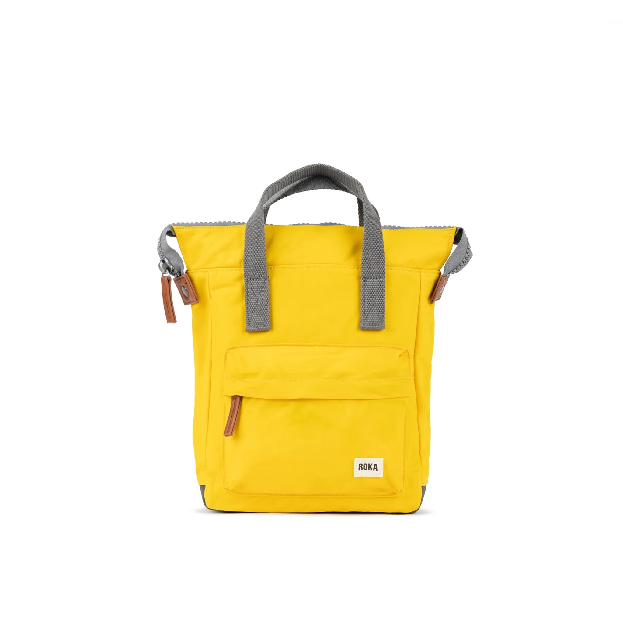 A nylon backpack in a bright yellow colour with grey handles and front zip pocket