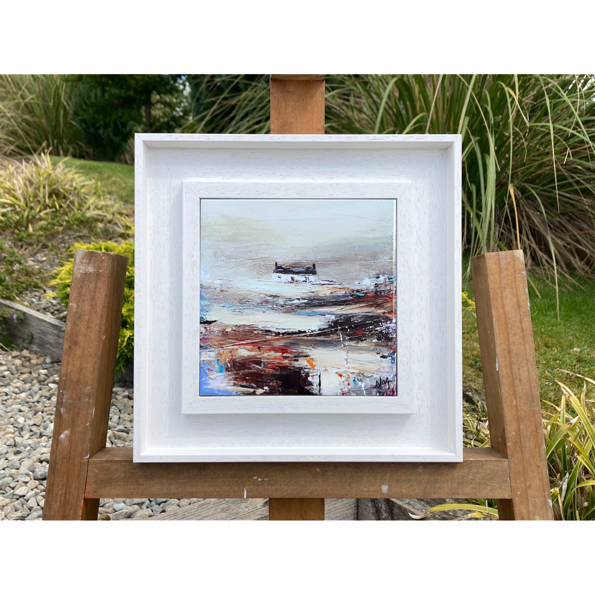White framed tile art print featuring a white bothie on an abstract field in a mix of hues